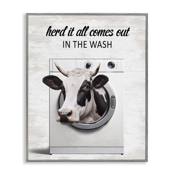 Stupell Industries Cow & Washing Machine Quotes and Sayings Painting Gray Framed Art Print Wall Art, 24 x 30