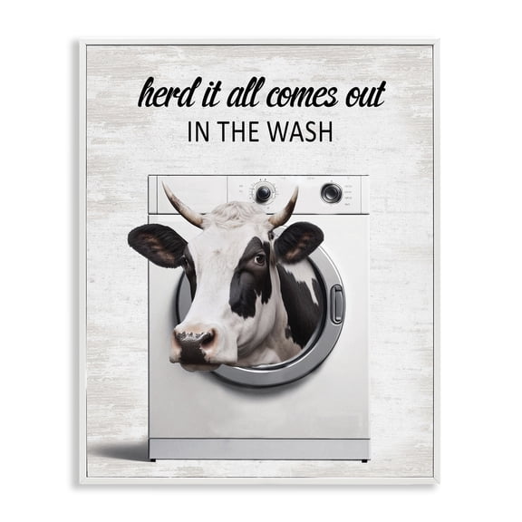 Stupell Industries Cow & Washing Machine Quotes and Sayings Painting White Framed Art Print Wall Art, 11 x 14