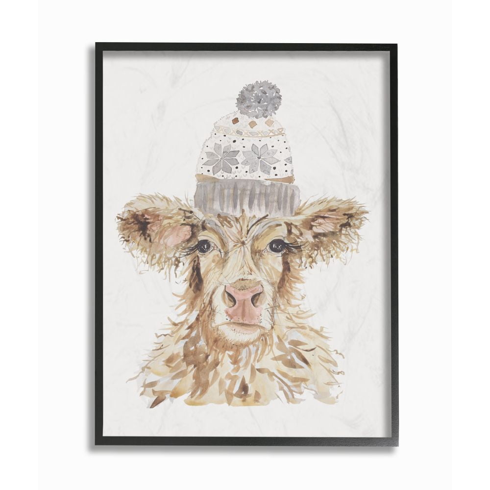 Stupell Industries Cow With Beanie Hat Winter Farm Watercolor Painting Black Framed Art Print Wall Art, 16x20, by Hollihocks Art