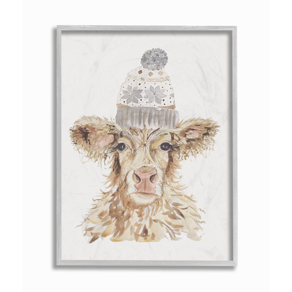 Stupell Industries Cow With Beanie Hat Winter Farm Watercolor Painting Gray Framed Art Print Wall Art, 11x14, by Hollihocks Art