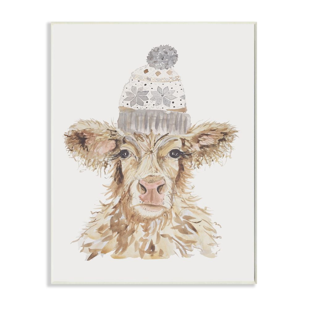 Stupell Industries Cow With Beanie Hat Winter Farm Watercolor Painting Wall Plaque by Hollihocks Art