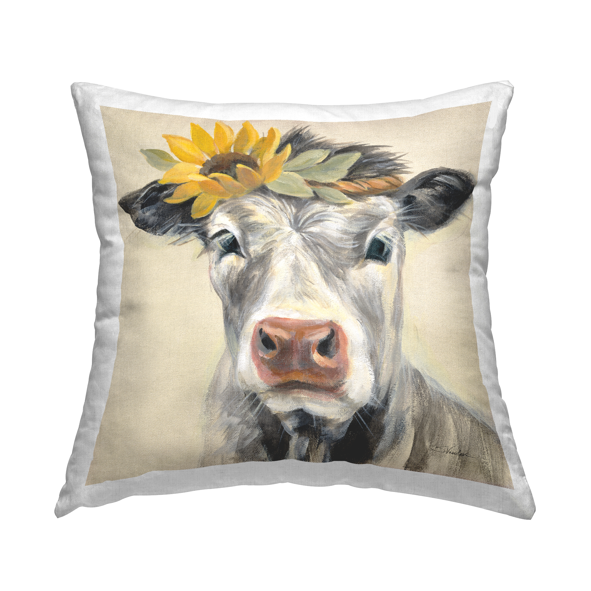 Stupell Industries Cow With Sunflower Crown Square Decorative Printed Throw Pillow, 18 x 18