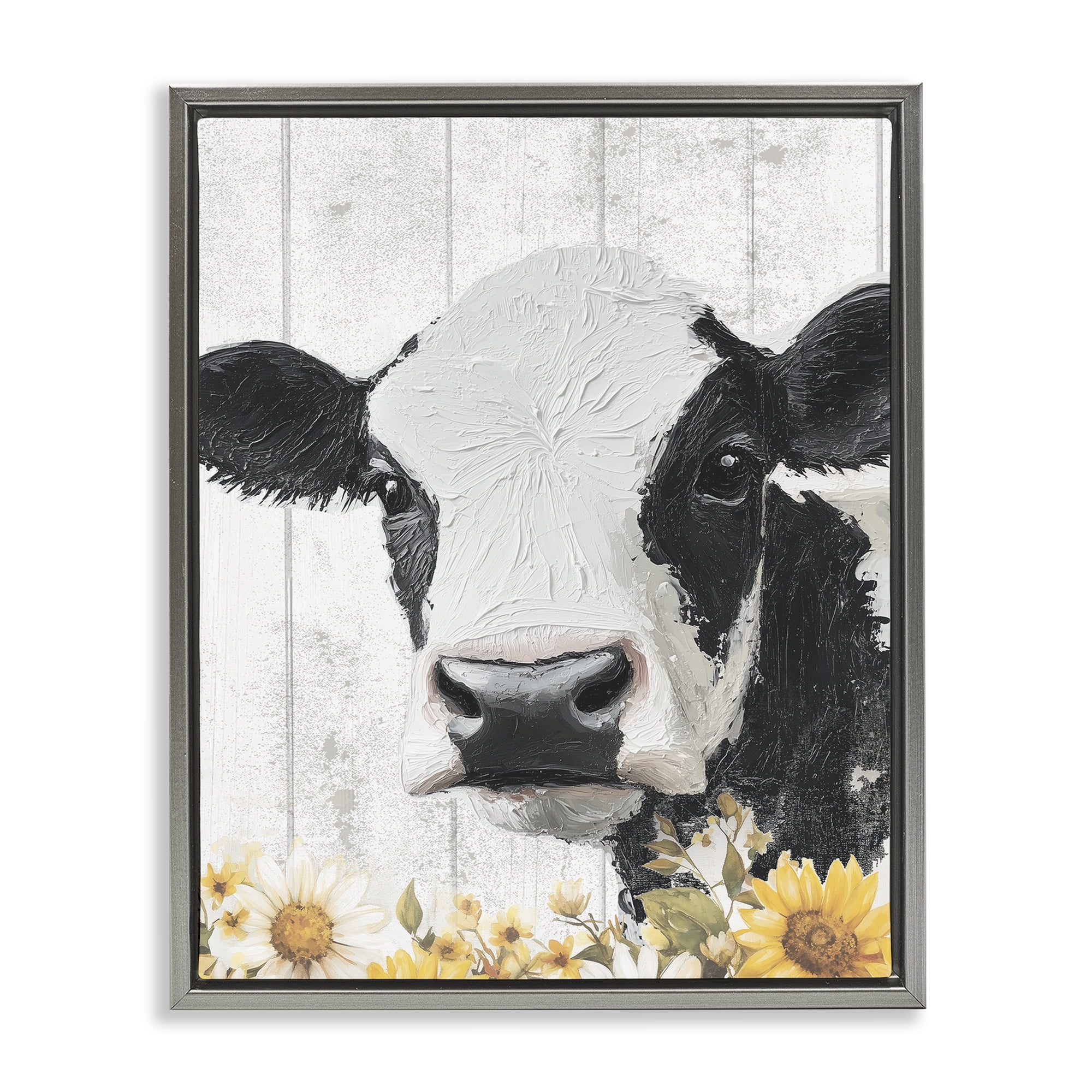 Stupell Industries Cow and Sunflowers Gray Framed Floater Canvas Wall Art, design by Christine Simpson Art