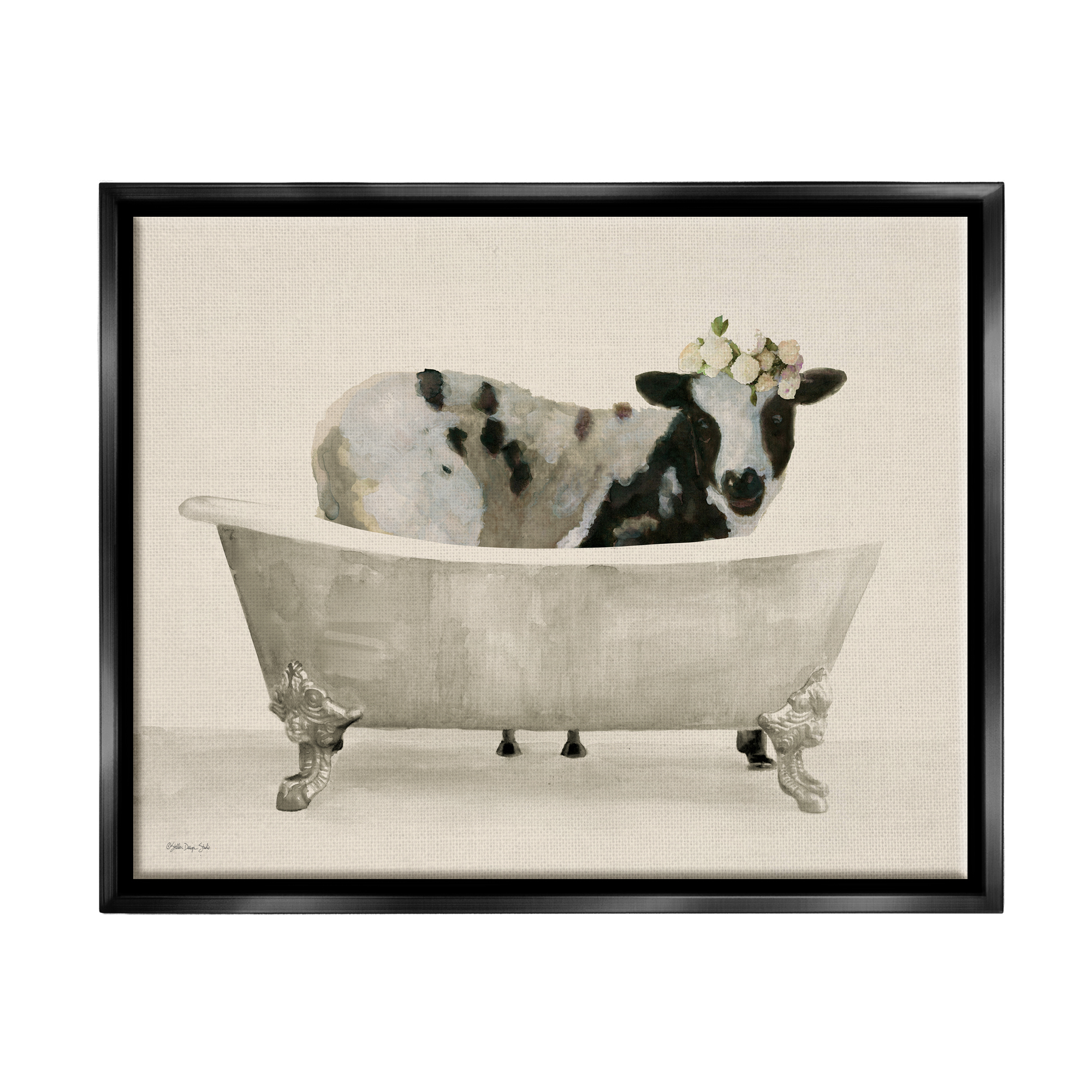 Stupell Industries Cow in Antique Tub Animals & Insects Painting Black Floater Framed Art Print Wall Art, 21 x 17