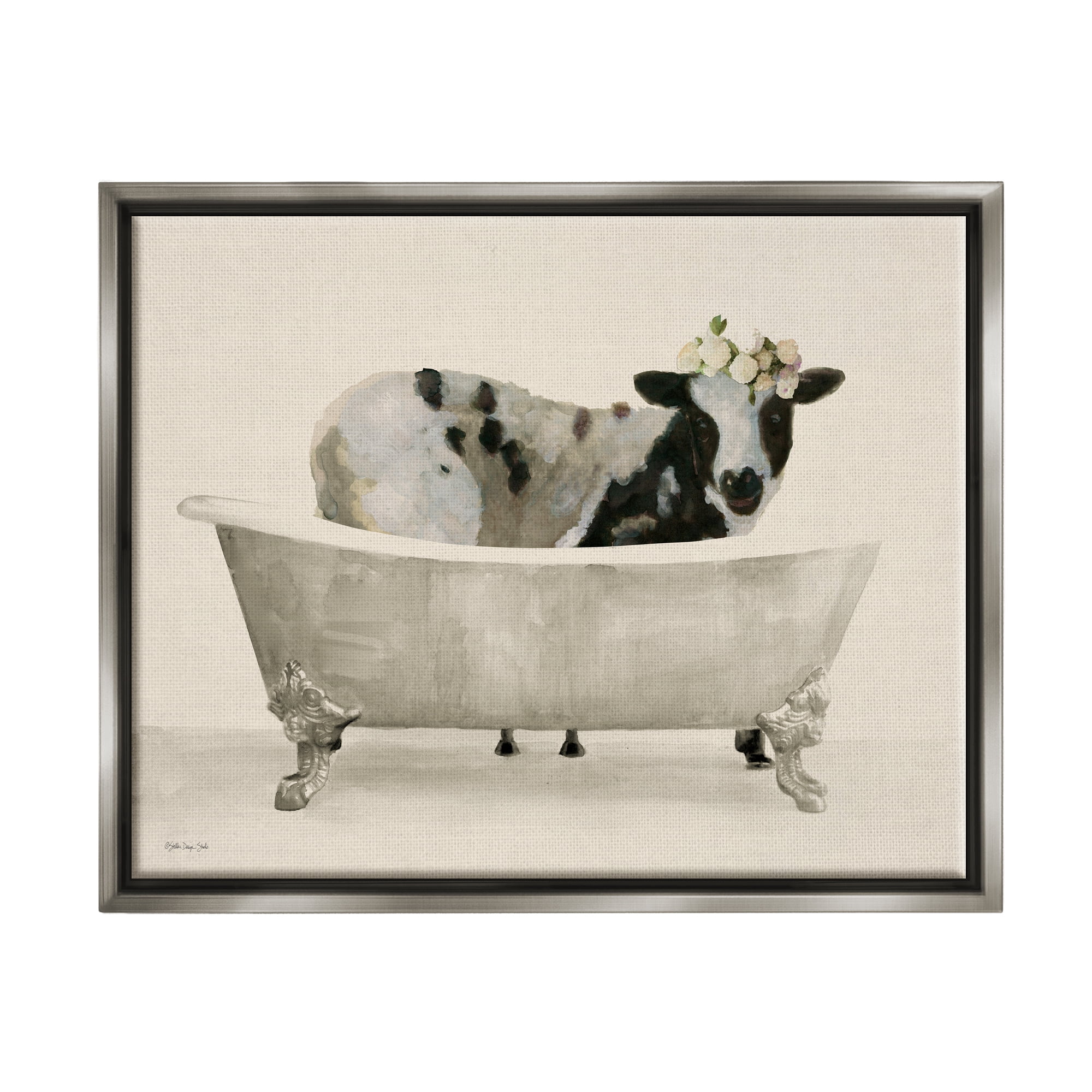 Stupell Industries Cow in Antique Tub Animals & Insects Painting Gray Floater Framed Art Print Wall Art, 21 x 17