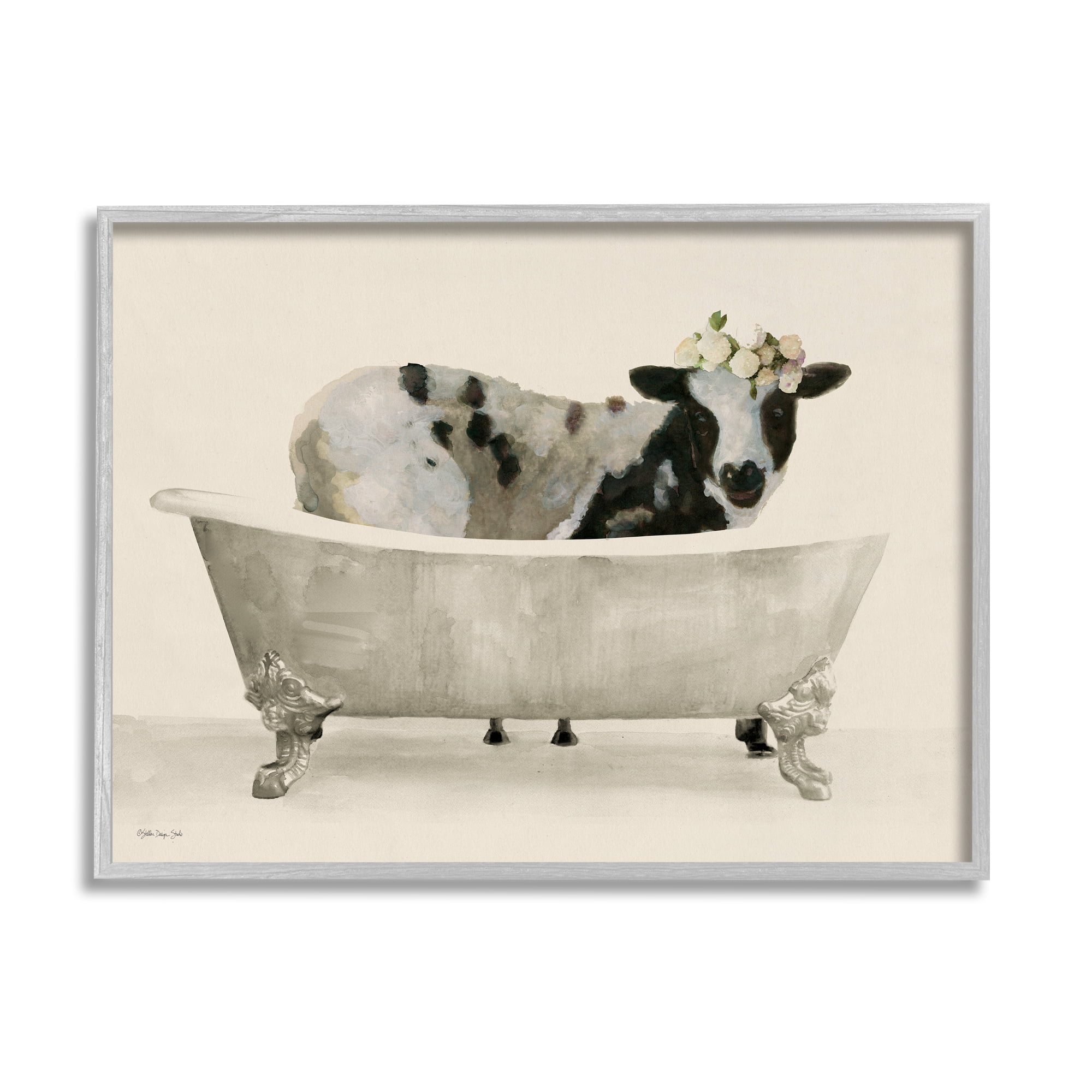Stupell Industries Cow in Antique Tub Animals & Insects Painting Gray Framed Art Print Wall Art, 14 x 11