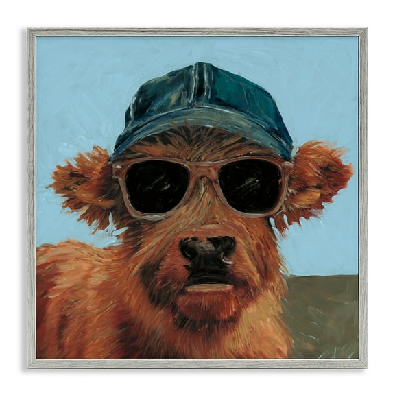 Stupell Industries Cow in Baseball Cap Gray Framed Giclee Art design by Wani Pasion, 24 x 24