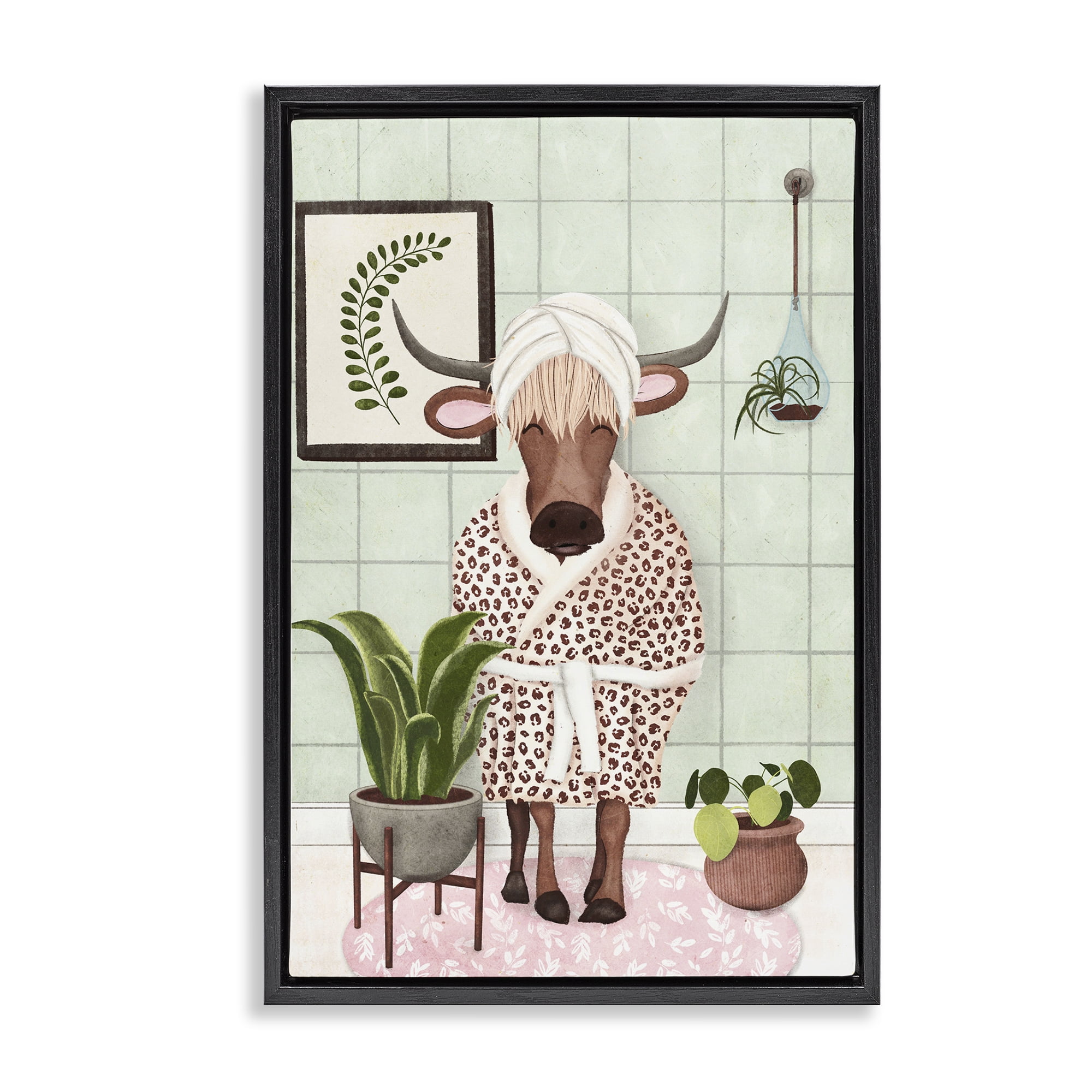 Stupell Industries Cow in Bathrobe Typography Painting Black Floater Framed Canvas Art Print Wall Art, 21 x 31