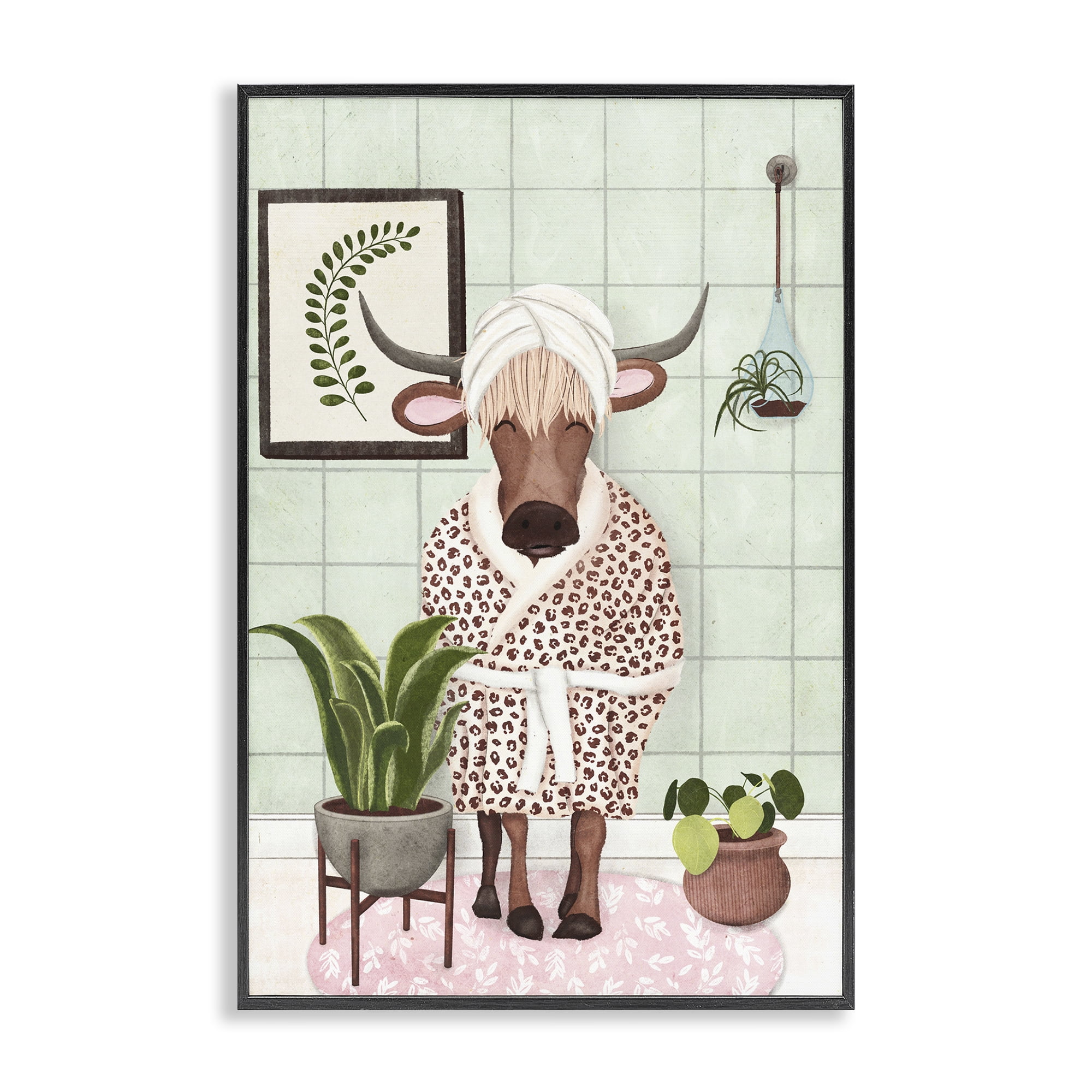 Stupell Industries Cow in Bathrobe Typography Painting Black Framed Art Print Wall Art, 16 x 24