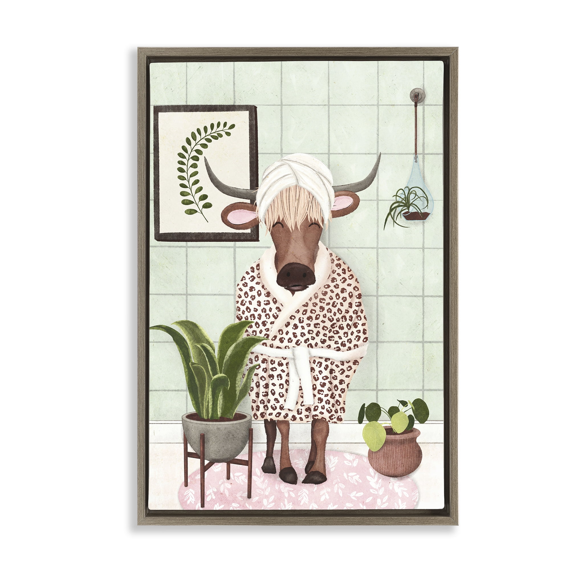 Stupell Industries Cow in Bathrobe Typography Painting Brown Floater Framed Canvas Art Print Wall Art, 17 x 25