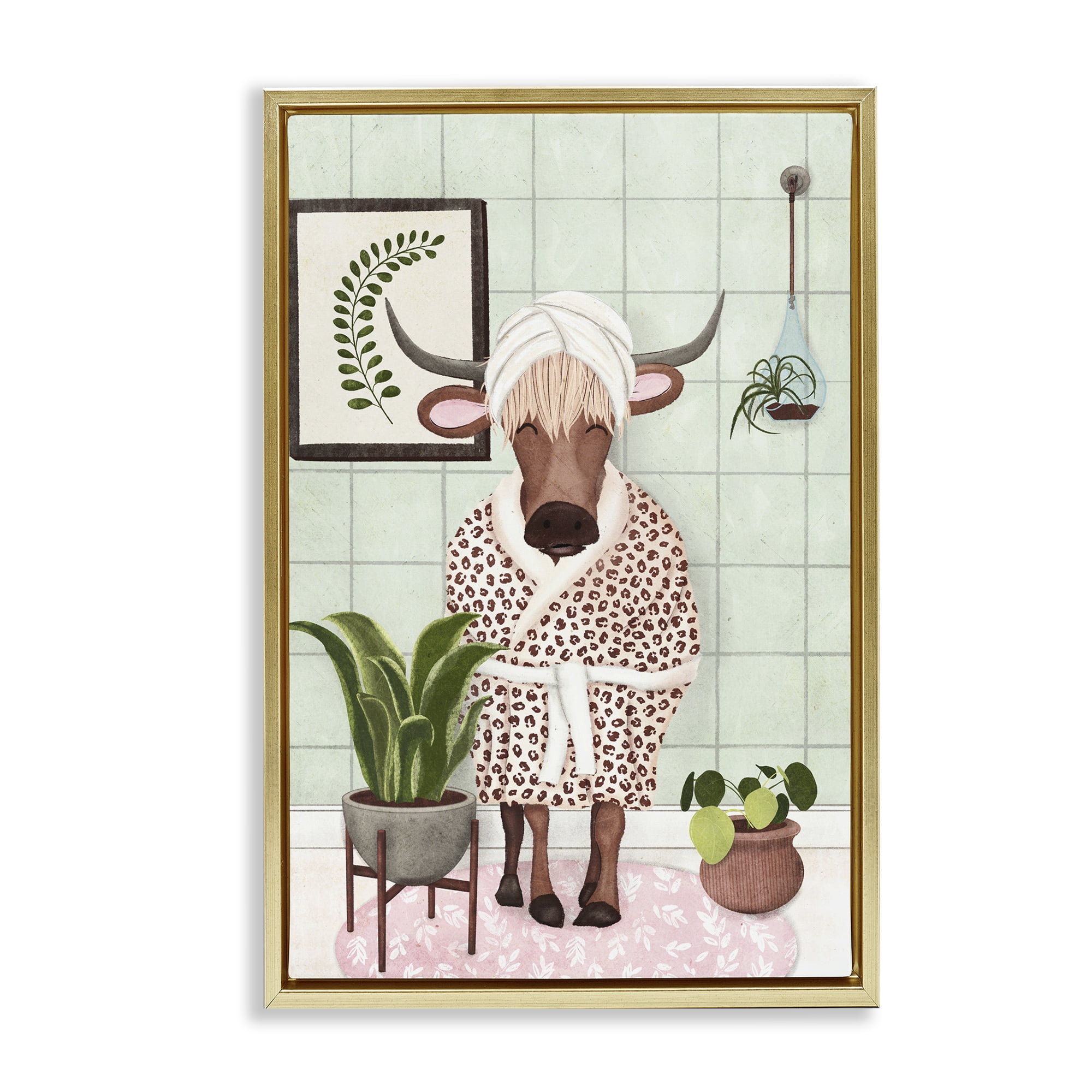 Stupell Industries Cow in Bathrobe Typography Painting Gold Floater Framed Canvas Art Print Wall Art, 21 x 31