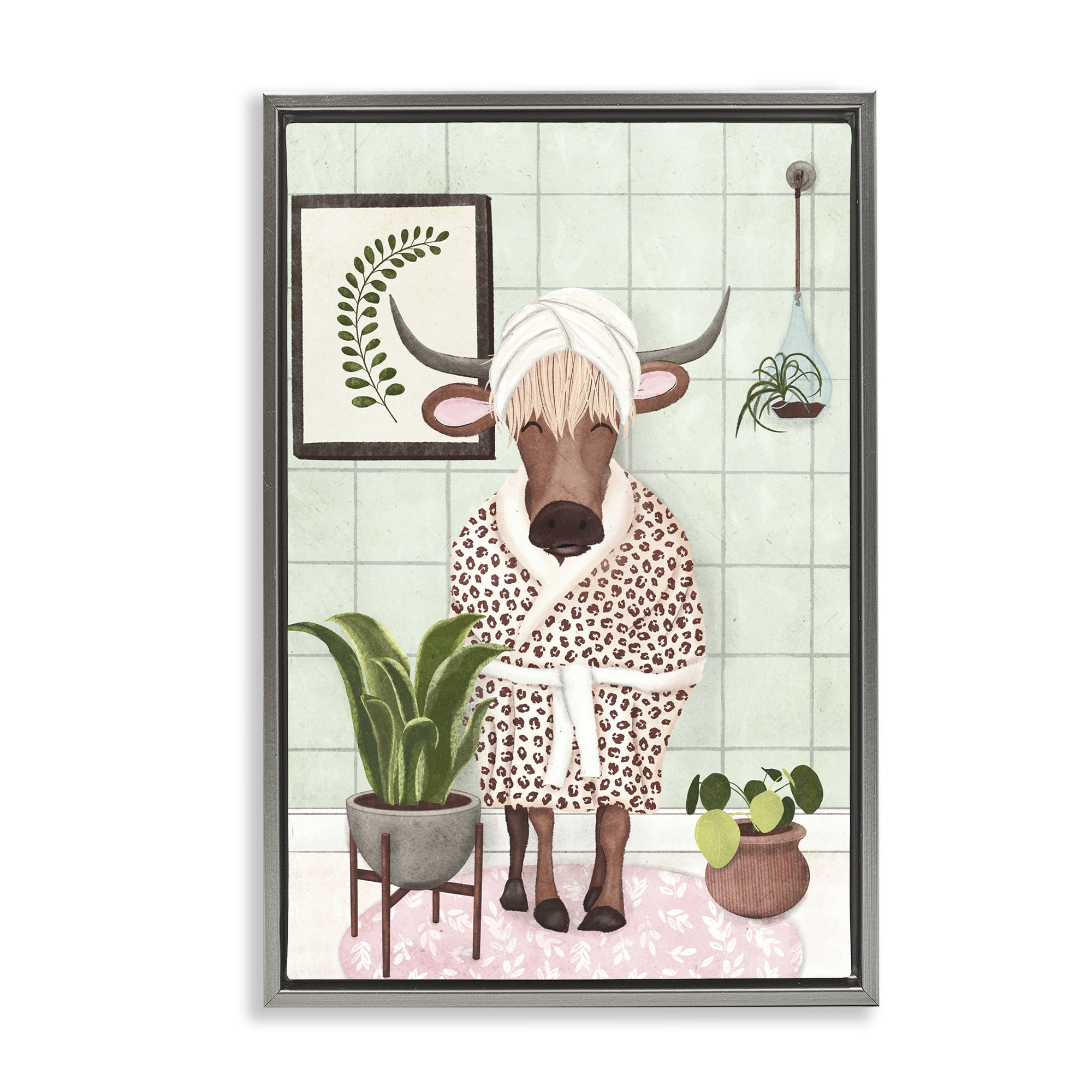 Stupell Industries Cow in Bathrobe Typography Painting Gray Floater Framed Canvas Art Print Wall Art, 21 x 31