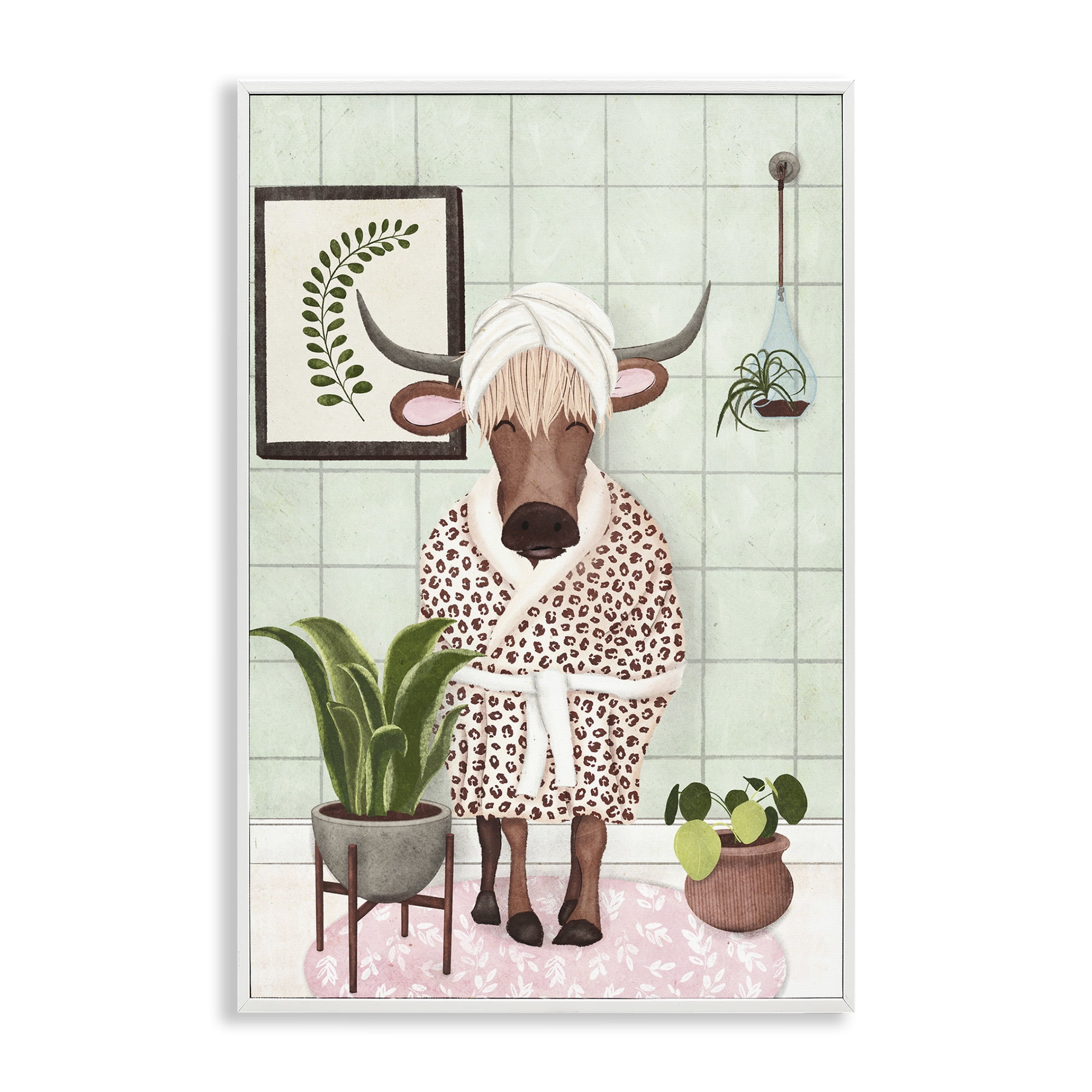Stupell Industries Cow in Bathrobe Typography Painting White Framed Art Print Wall Art, 16 x 24