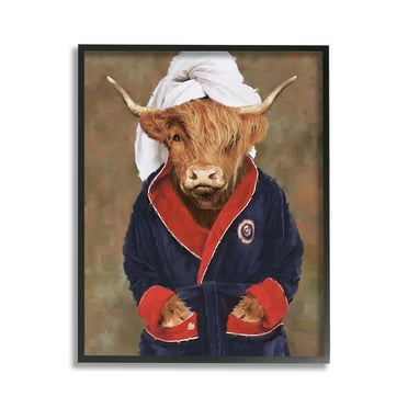 Stupell Industries Cow in Bathroom Robe Animals & Insects Painting Black Framed Art Print Wall Art, 11 x 14