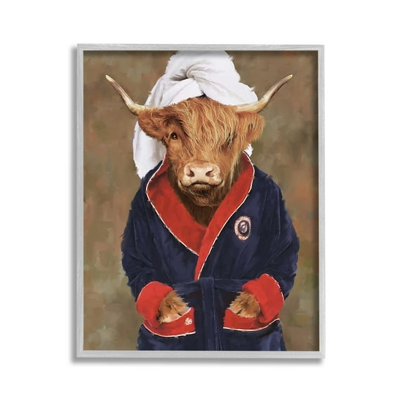 Stupell Industries Cow in Bathroom Robe Animals & Insects Painting Gray Framed Art Print Wall Art, 11 x 14