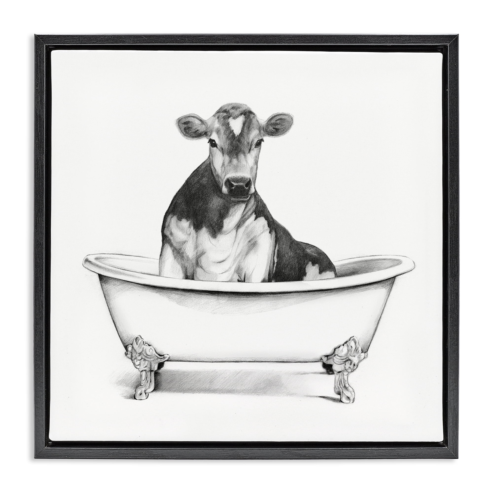 Cow in Bathtub Sketch Black Floating Frame Canvas Art, 25 x 25
