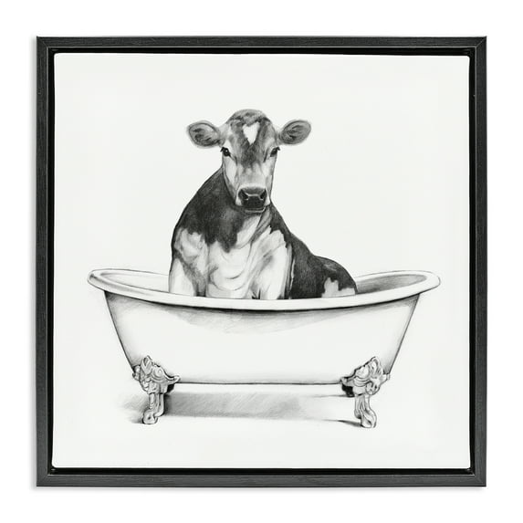 Cow in Bathtub Sketch Black Floating Frame Canvas Art, 25 x 25, Made In USA