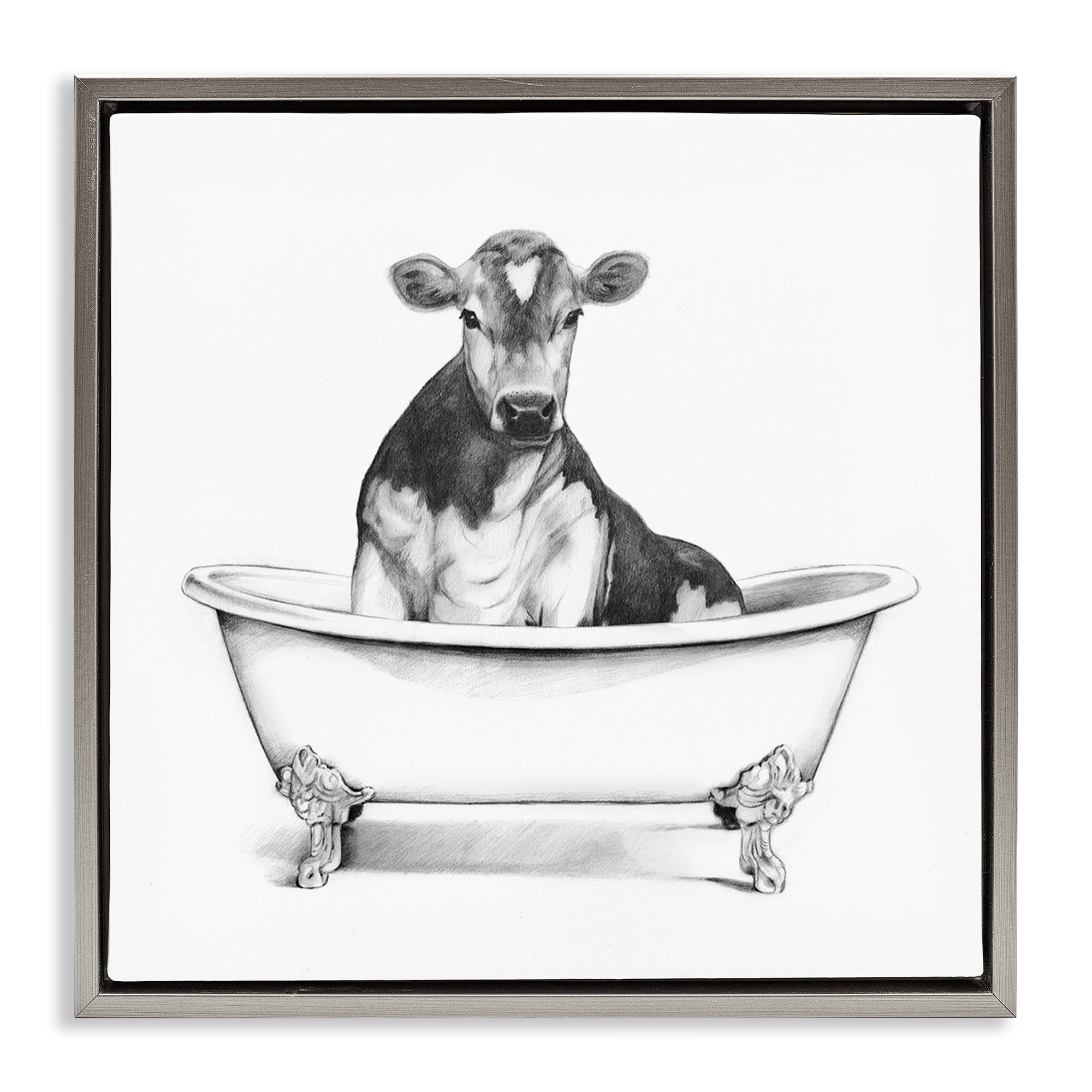 Cow in Bathtub Sketch Gray Floating Frame Canvas Art, 18 x 18