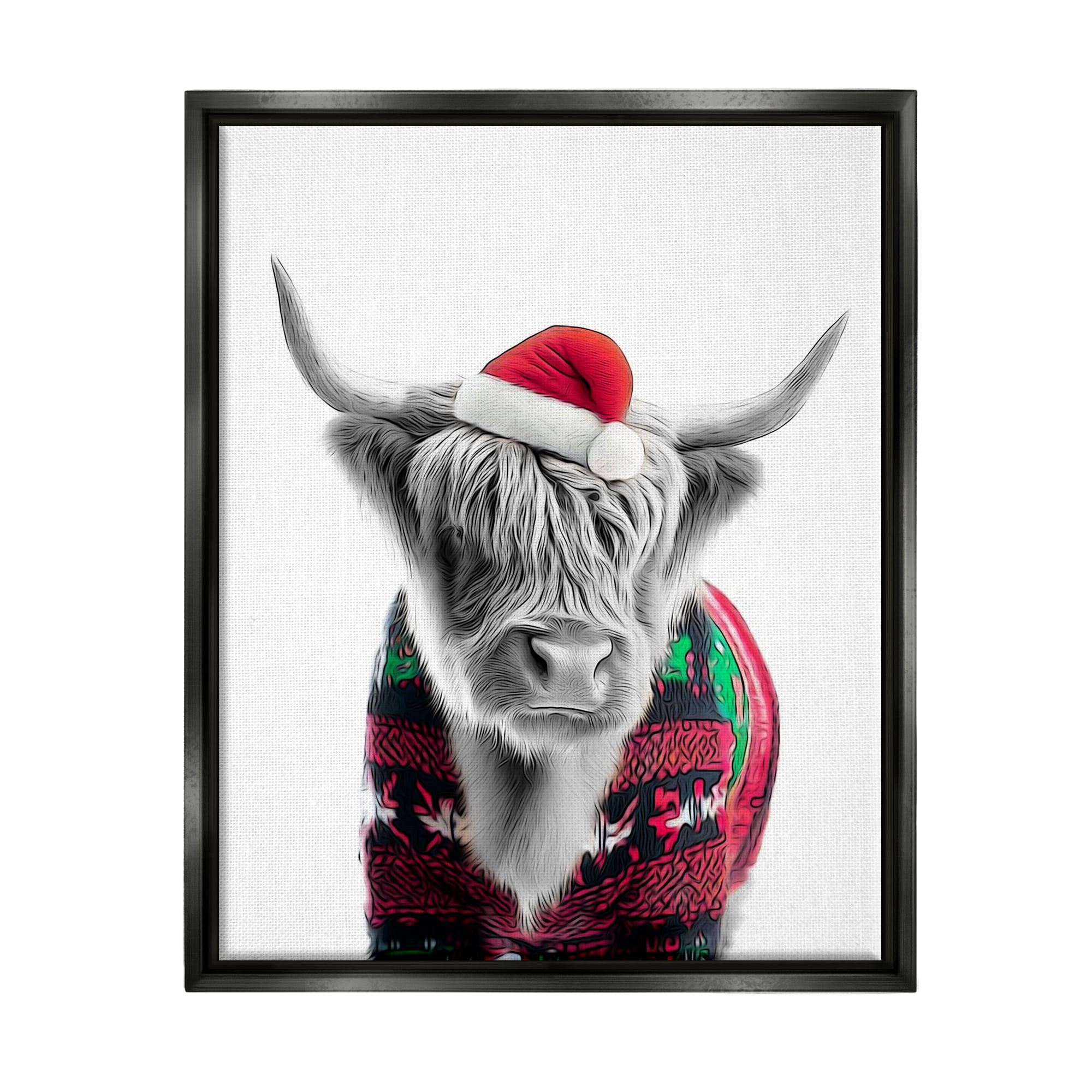 Stupell Industries Cow in Christmas Sweater Holiday Painting Black Floater Framed Canvas Art Print Wall Art, 25 x 31