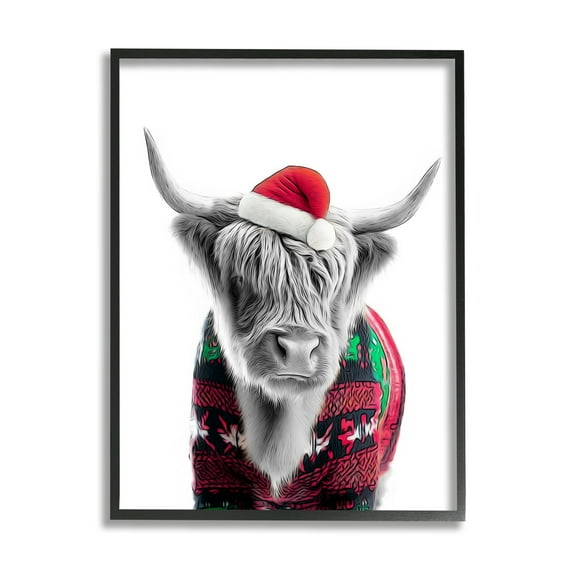 Stupell Industries Cow in Christmas Sweater Holiday Painting Black Framed Art Print Wall Art, 24 x 30