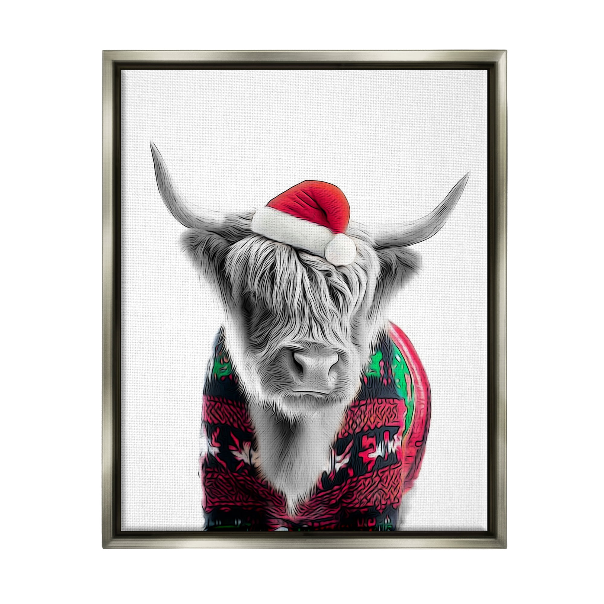 Stupell Industries Cow in Christmas Sweater Holiday Painting Gray Floater Framed Canvas Art Print Wall Art, 17 x 21