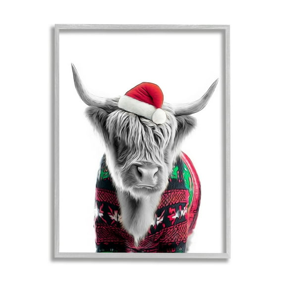 Stupell Industries Cow in Christmas Sweater Holiday Painting Gray Framed Art Print Wall Art, 24 x 30