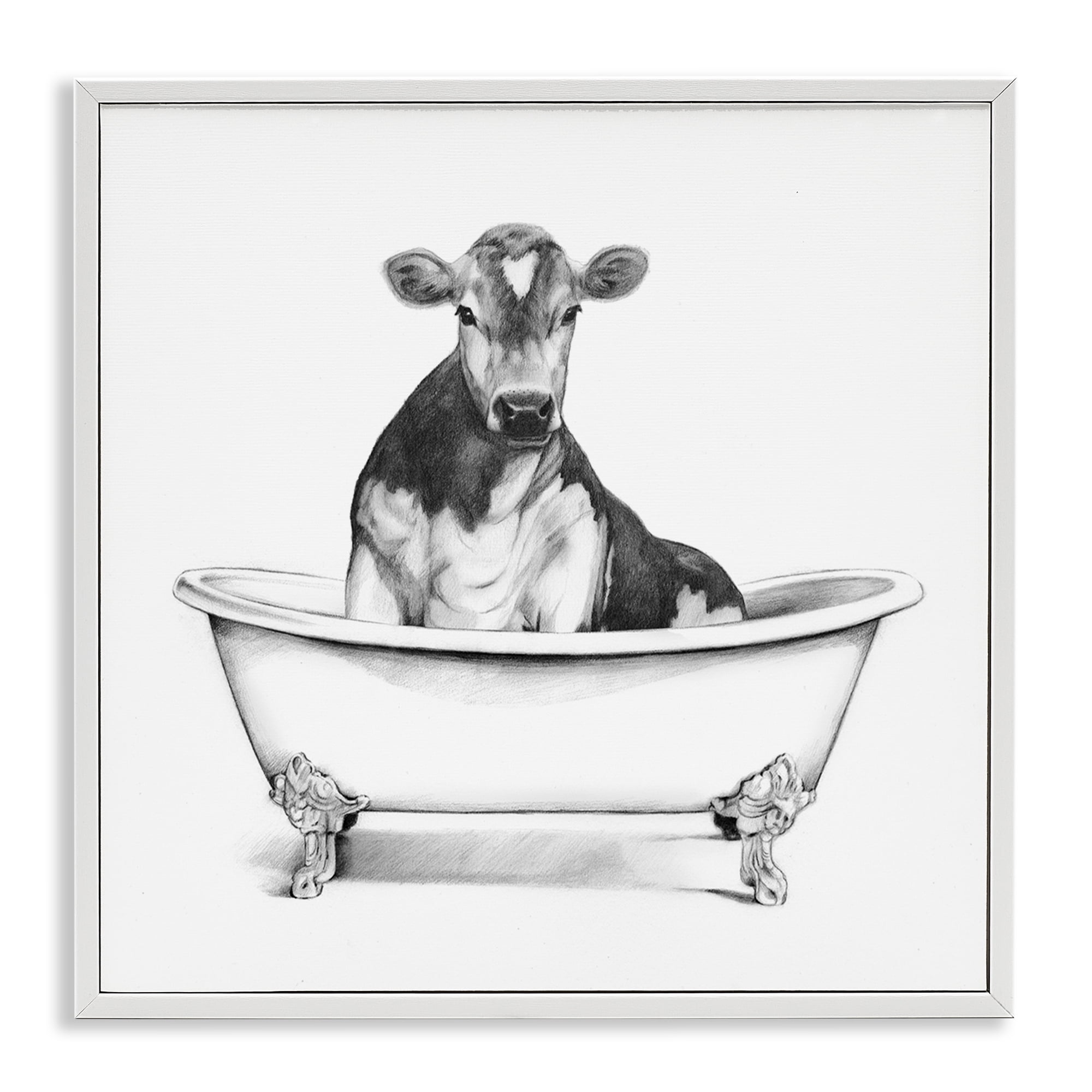 Cow in Bathtub Sketch White Framed Giclee Art, 12 x 12