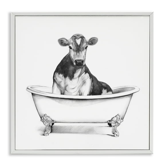 Cow in Bathtub Sketch White Framed Giclee Art, 12 x 12, Made In USA