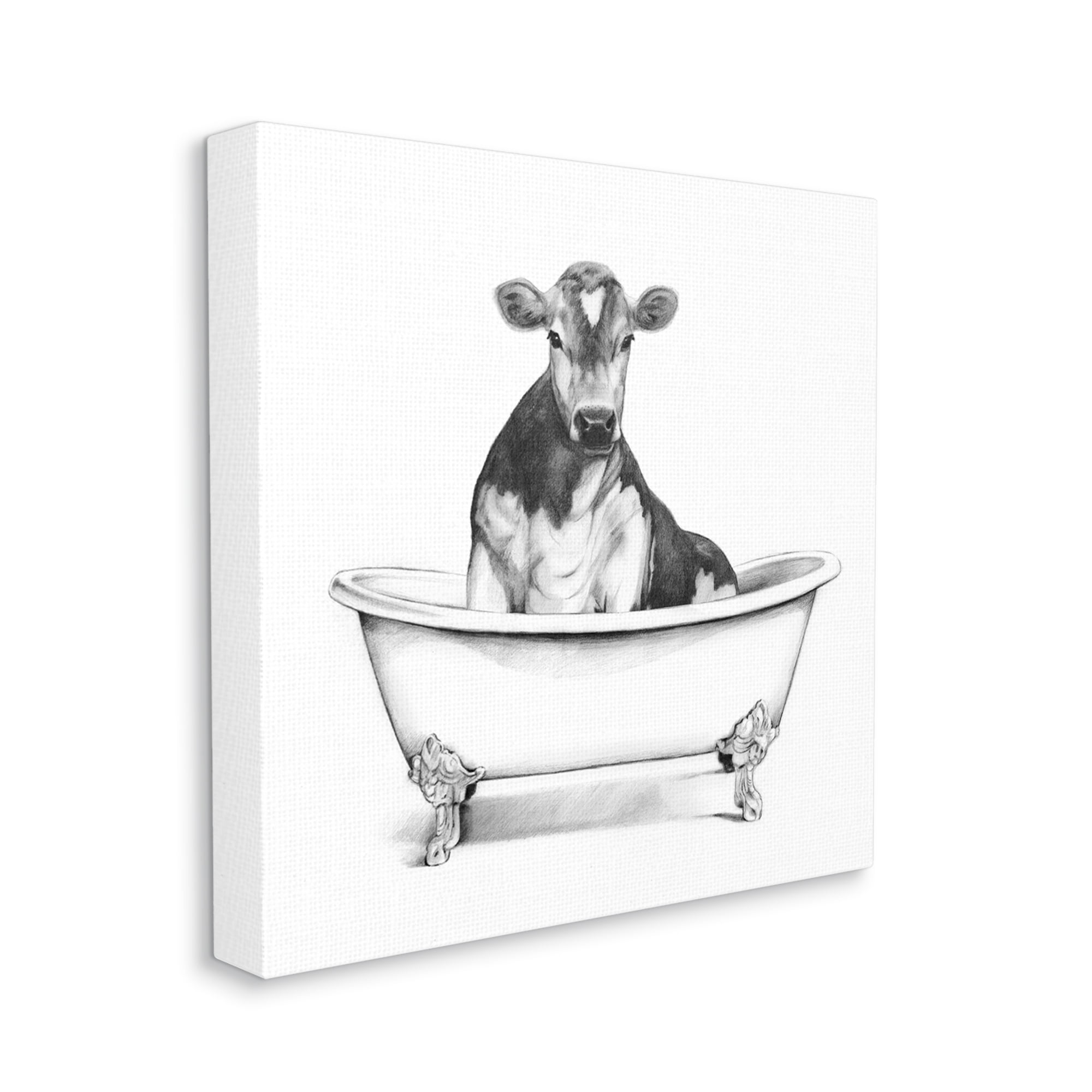 Minimalist Black and White Cow in Claw Tub Canvas Wall Art, 36" x 36"