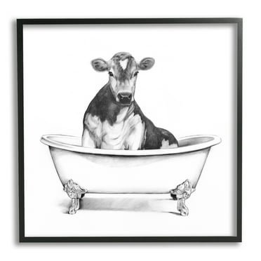 Stupell Industries Cow in Claw Tub Minimal Farm Animal Sketch Drawings Black Framed Art Print Wall Art, 24x24, by Victoria Borges