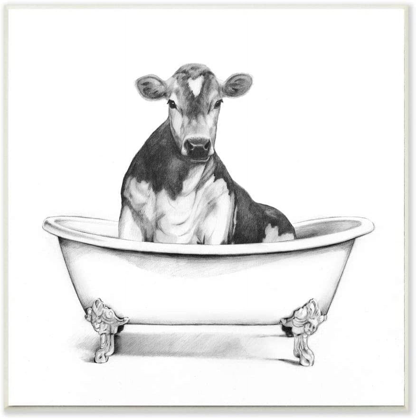 Cow in Claw Tub Black and White Wood Wall Art