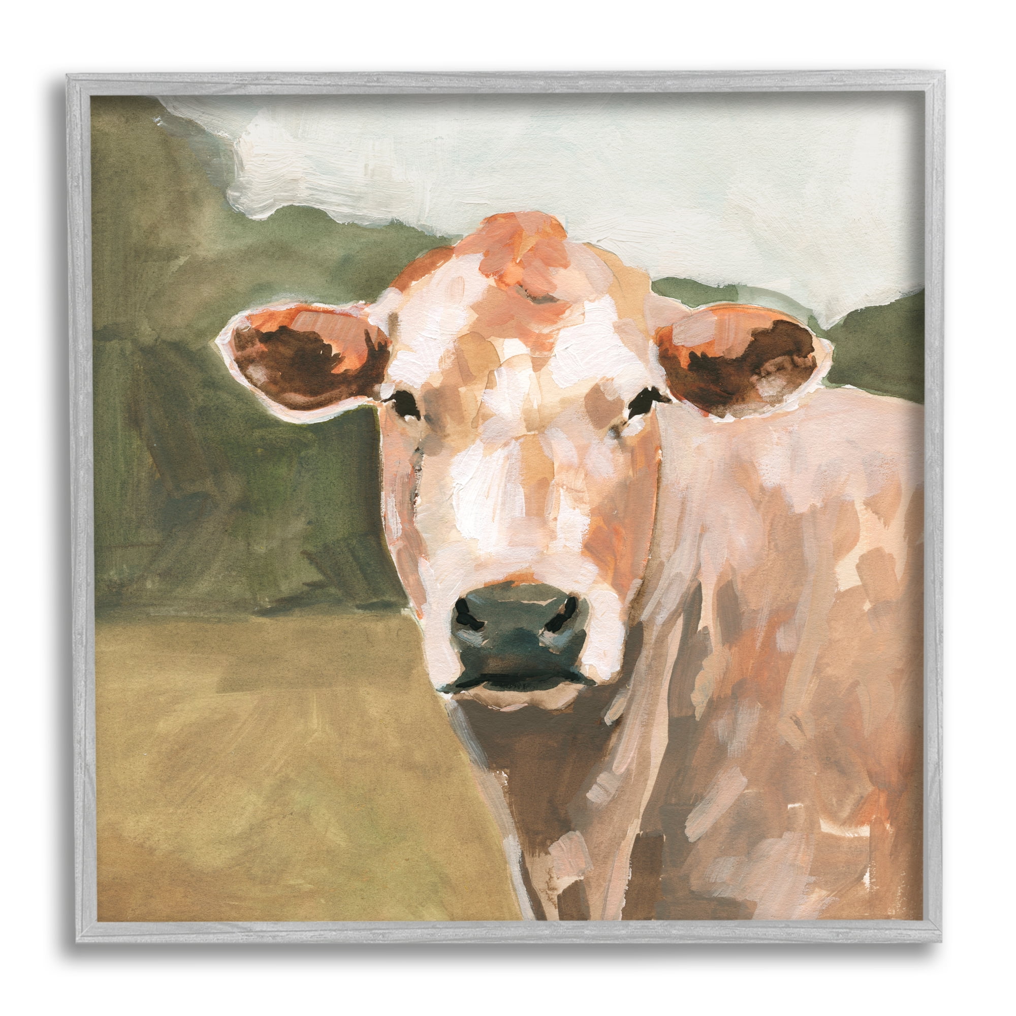 Stupell Industries Cow in Field Painting Animals & Insects Painting Gray Framed Art Print Wall Art, 12 x 12