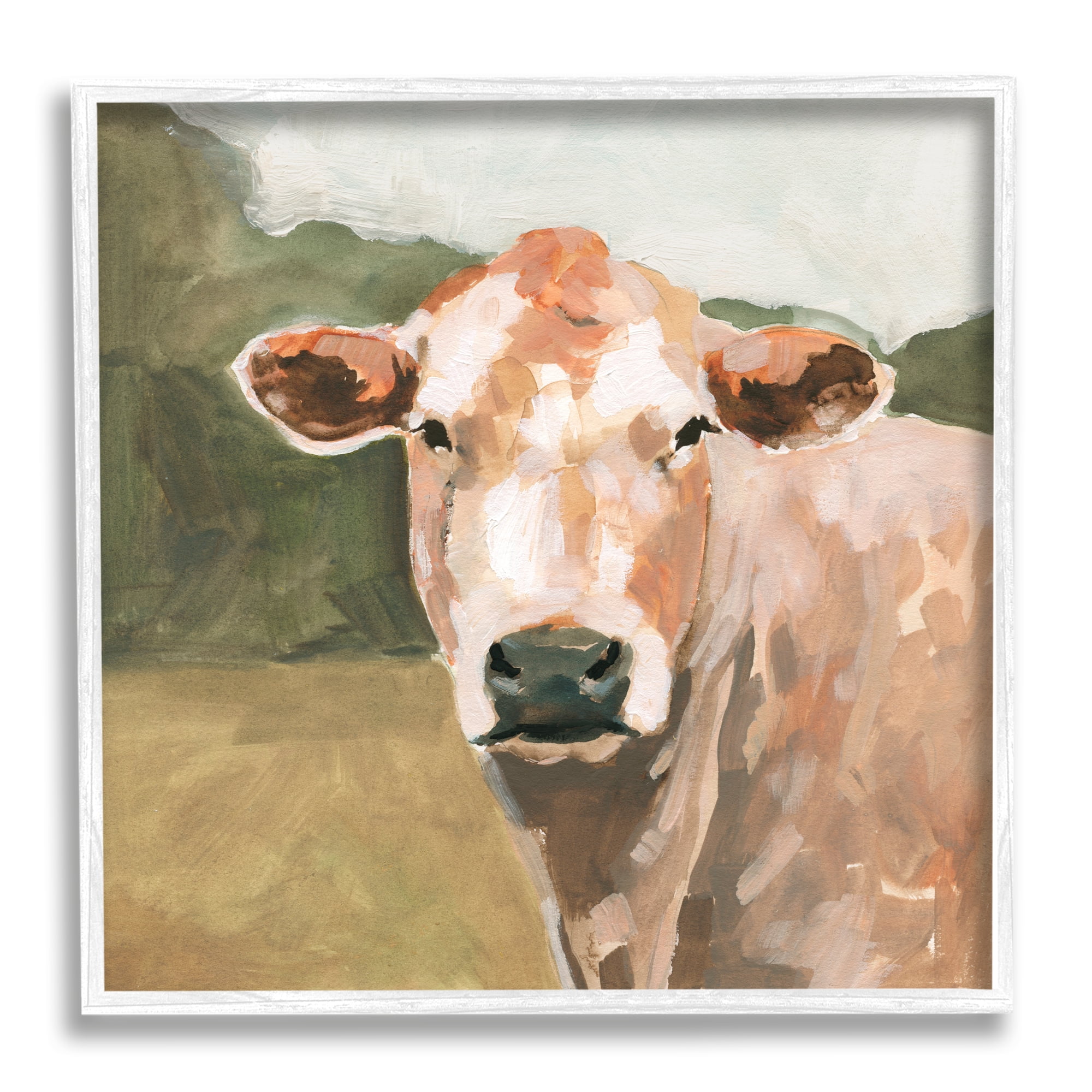 Stupell Industries Cow in Field Painting Animals & Insects Painting White Framed Art Print Wall Art, 12 x 12