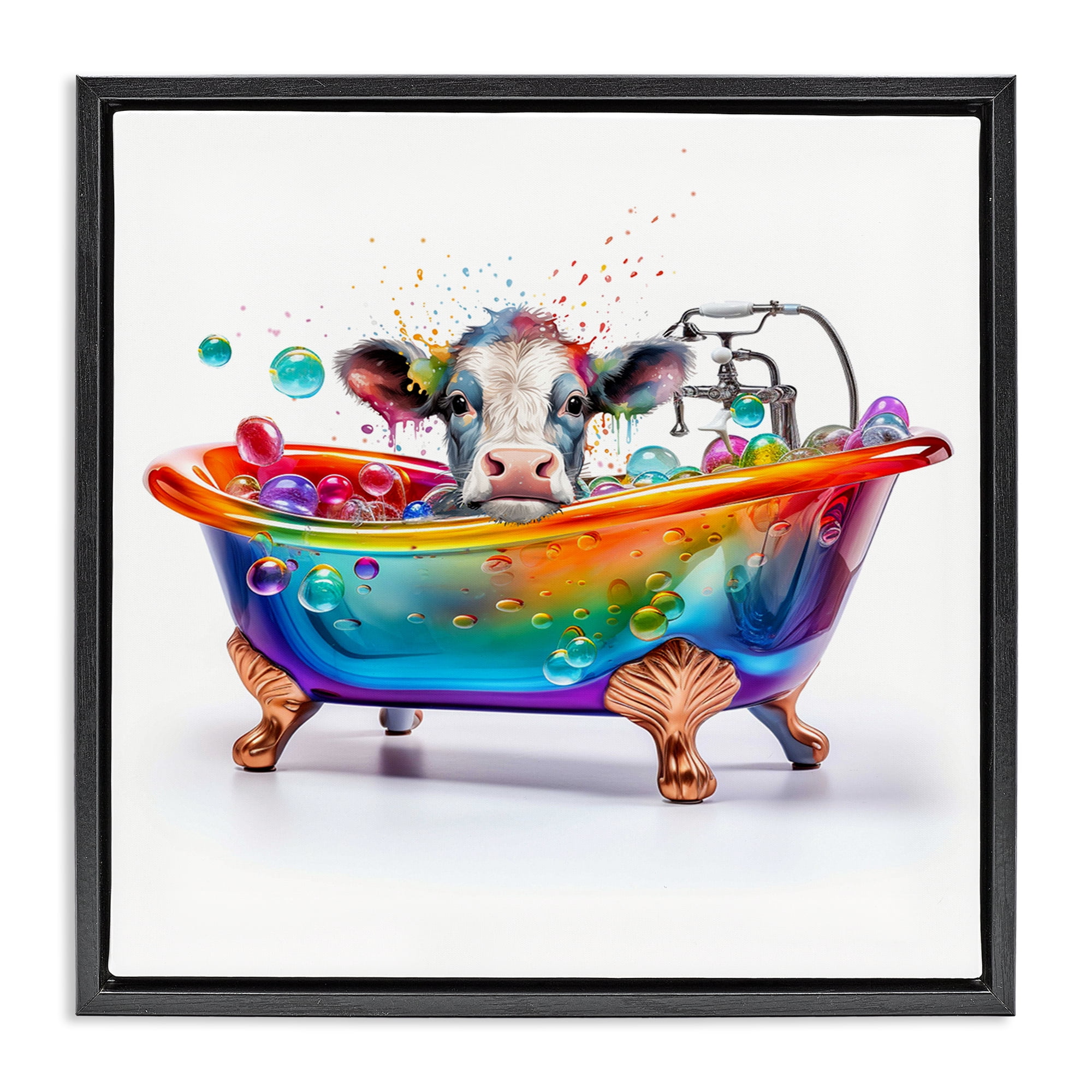 Stupell Industries Cow in Rainbow Bath Typography Painting Black Floater Framed Canvas Art Print Wall Art, 25 x 25