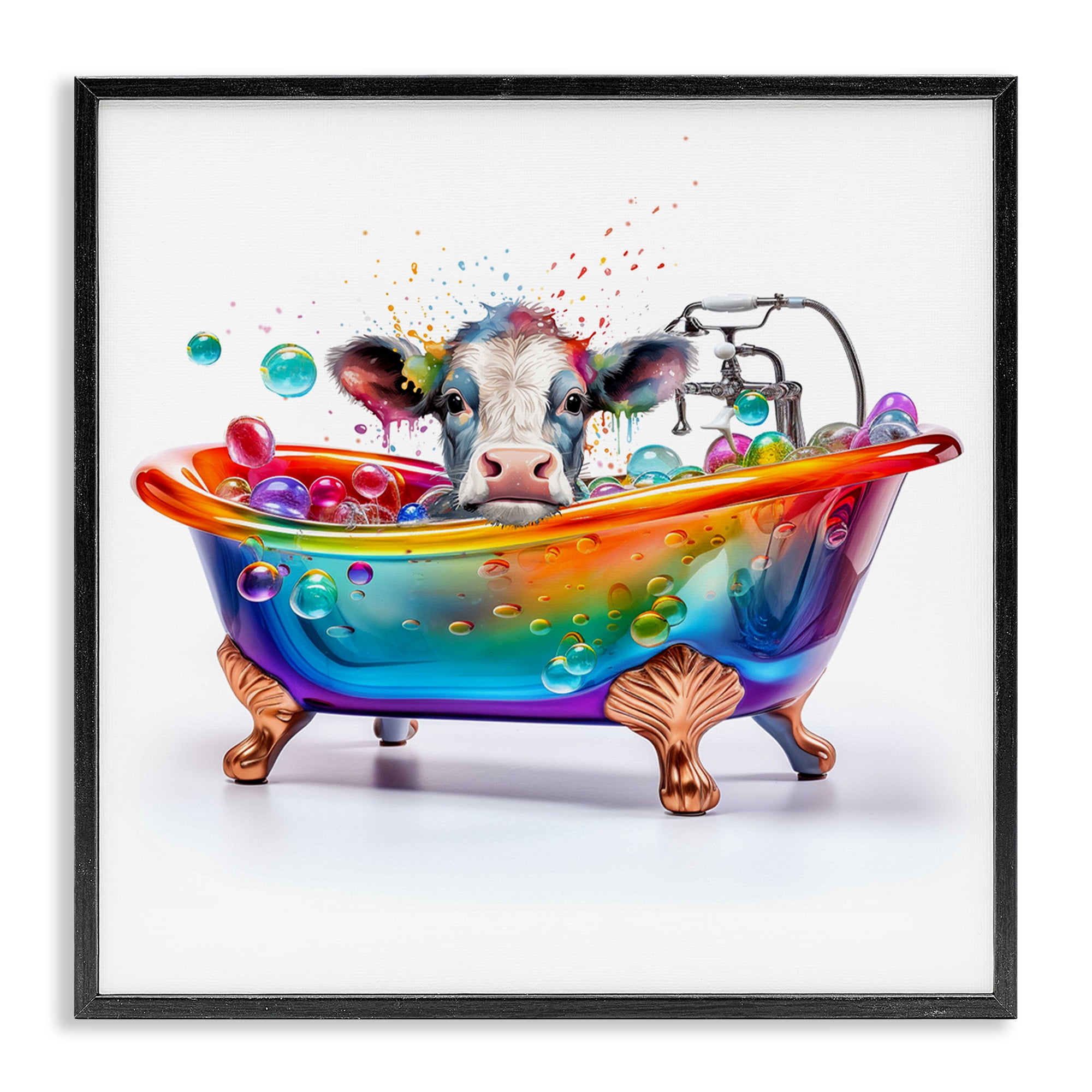 Stupell Industries Cow in Rainbow Bath Typography Painting Black Framed Art Print Wall Art, 17 x 17