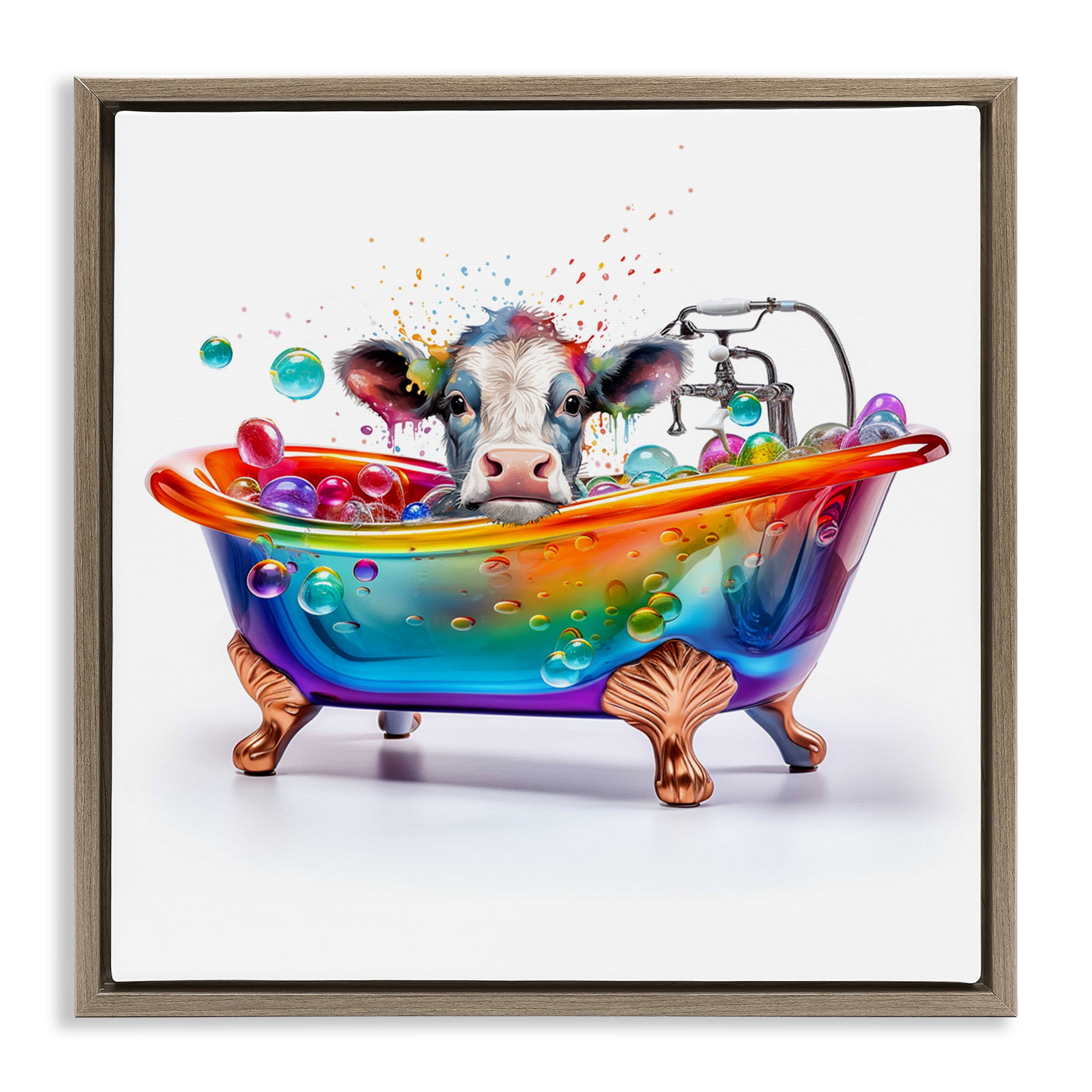 Stupell Industries Cow in Rainbow Bath Typography Painting Brown Floater Framed Canvas Art Print Wall Art, 18 x 18