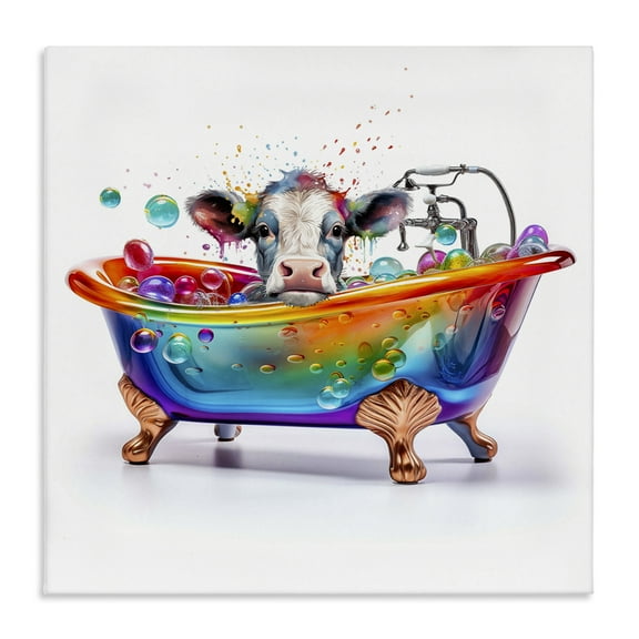 Stupell Industries Cow in Rainbow Bath Typography Painting Gallery Wrapped Canvas Art Print Wall Art, 17 x 17