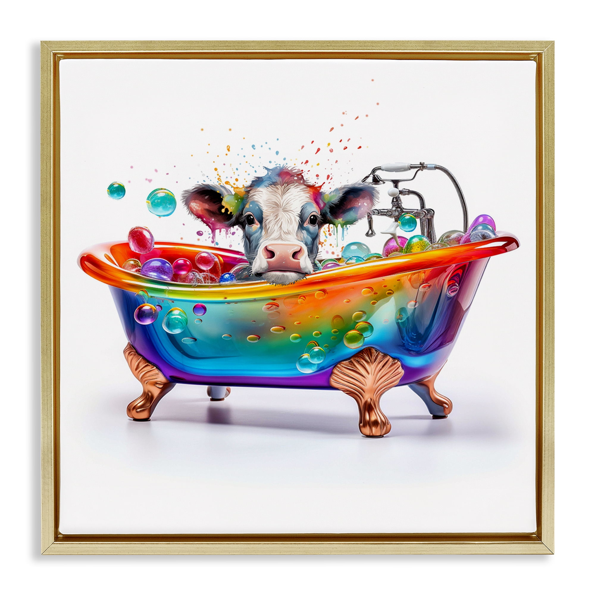 Stupell Industries Cow in Rainbow Bath Typography Painting Gold Floater Framed Canvas Art Print Wall Art, 18 x 18