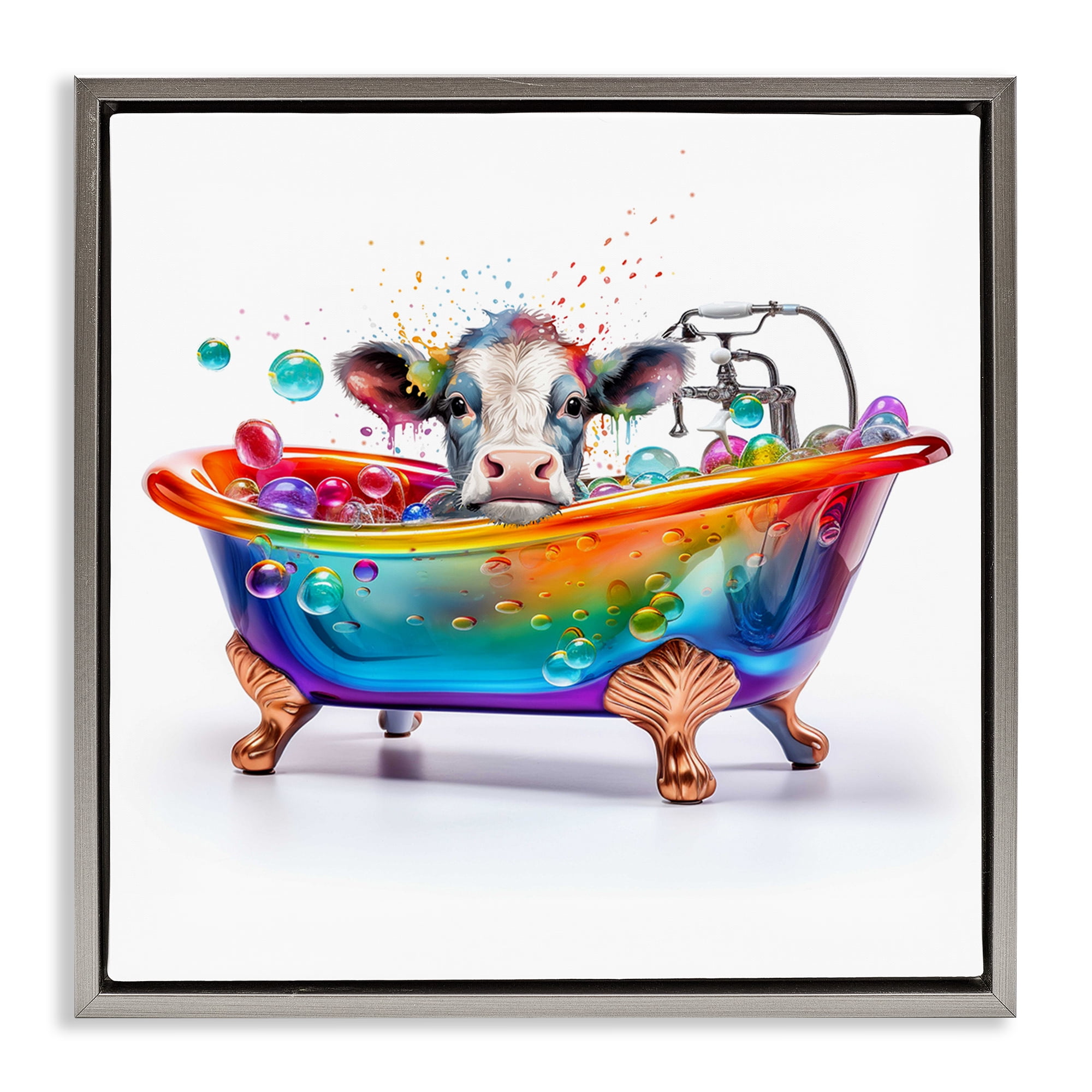 Stupell Industries Cow in Rainbow Bath Typography Painting Gray Floater Framed Canvas Art Print Wall Art, 25 x 25