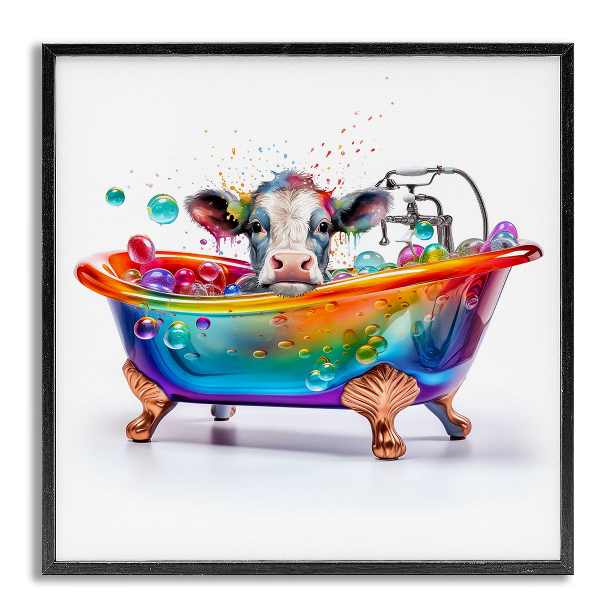 Stupell Industries Cow in Rainbow Bath Typography Painting Gray Framed Art Print Wall Art, 17 x 17