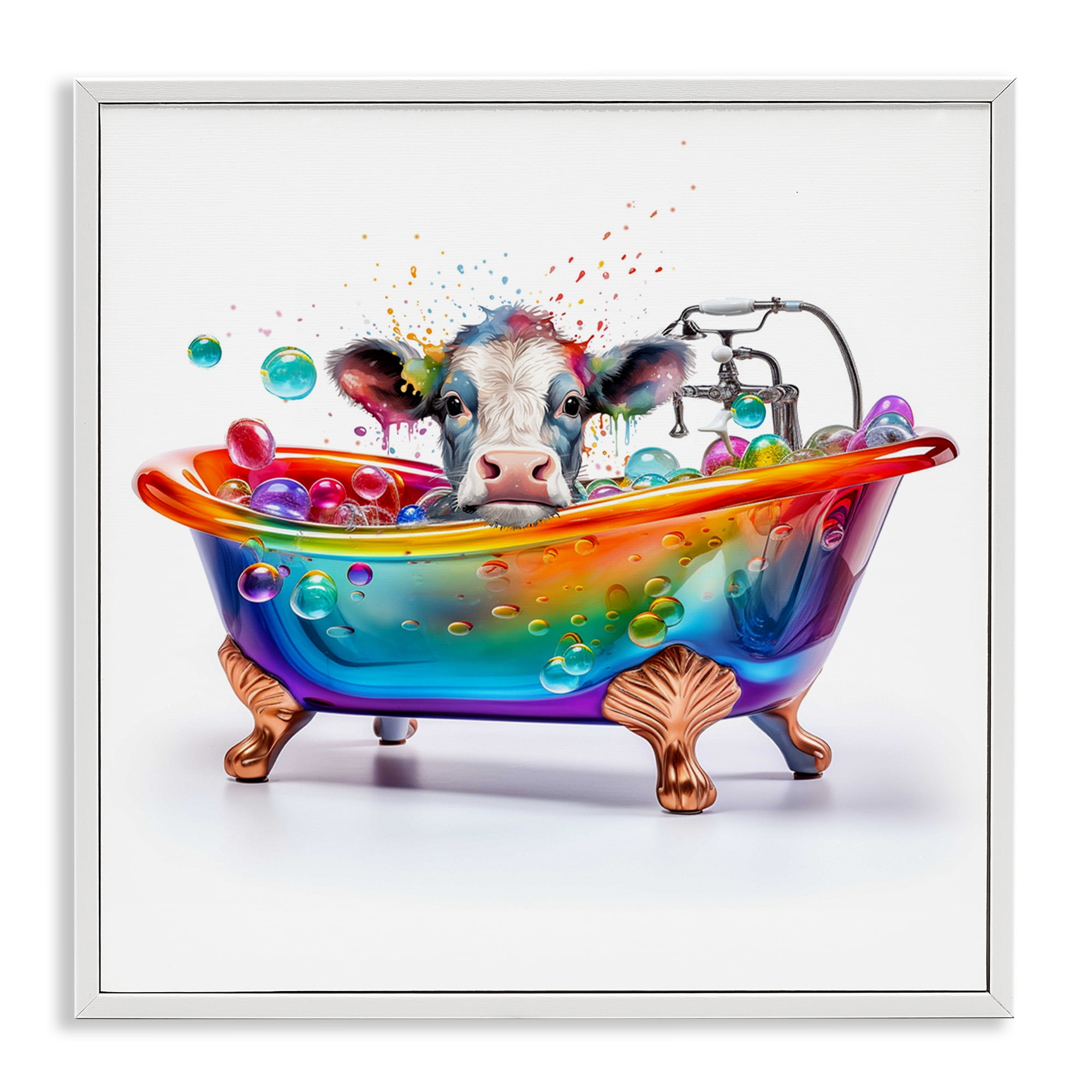 Stupell Industries Cow in Rainbow Bath Typography Painting White Framed Art Print Wall Art, 24 x 24