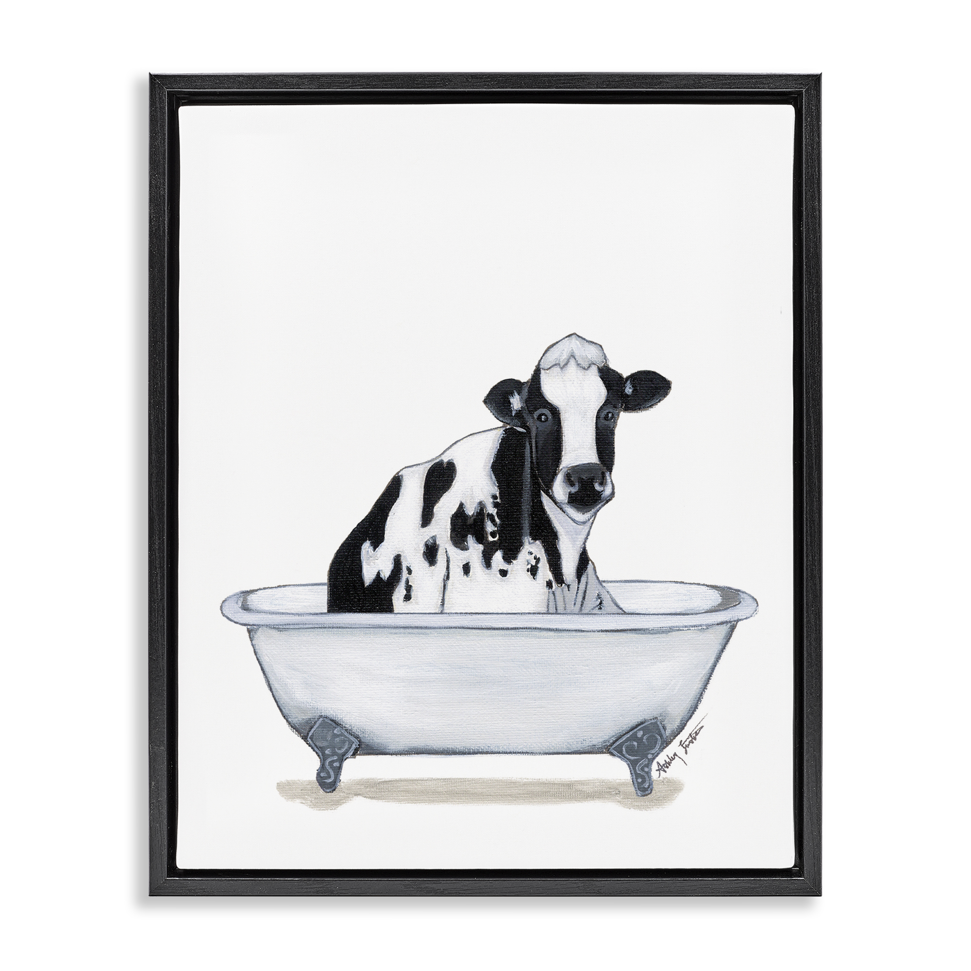 Stupell Industries Cow in Tub Sketch Bath & Laundry Painting Black Floater Framed Canvas Art Print Wall Art, 17 x 21