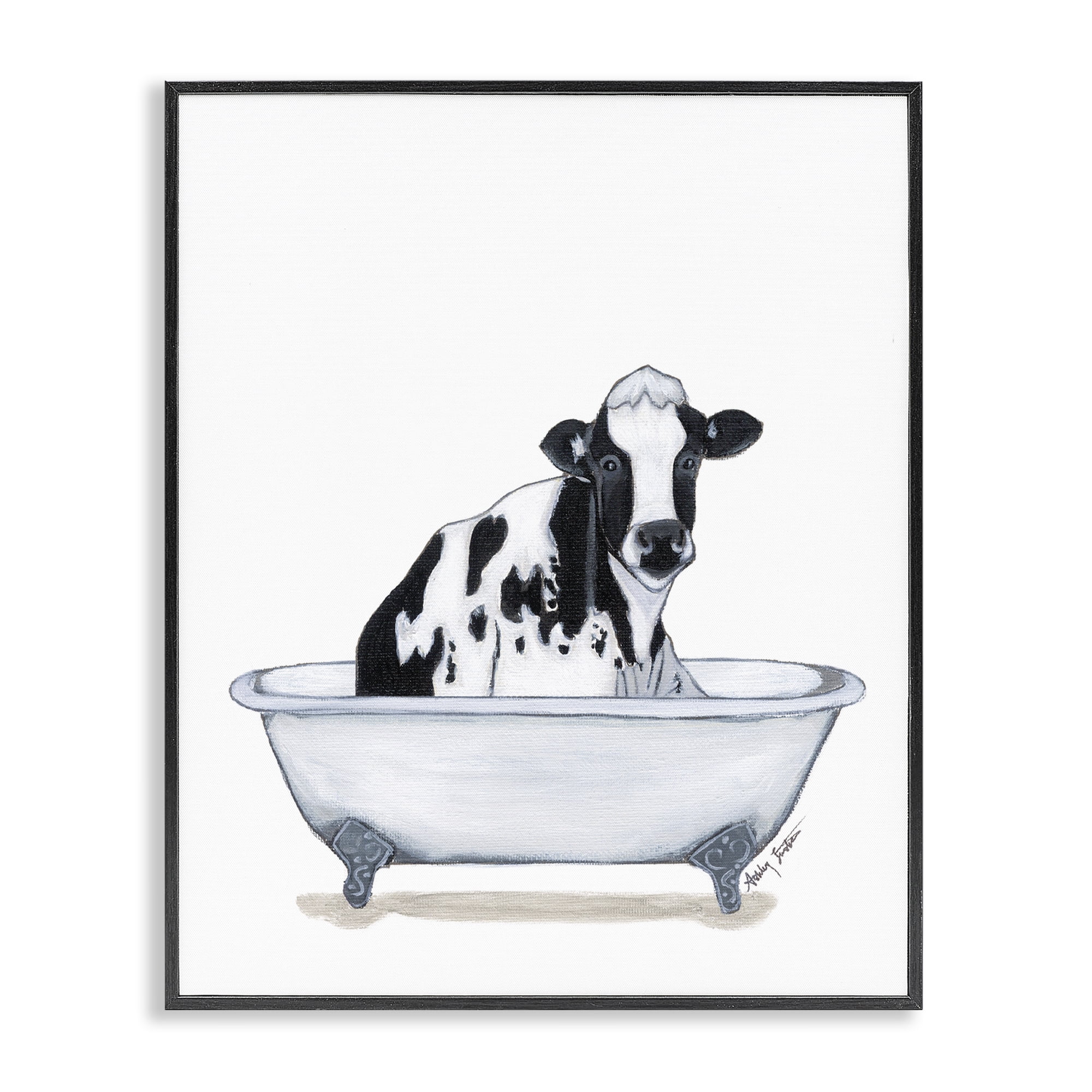 Stupell Industries Cow in Tub Sketch Bath & Laundry Painting Black Framed Art Print Wall Art, 11 x 14