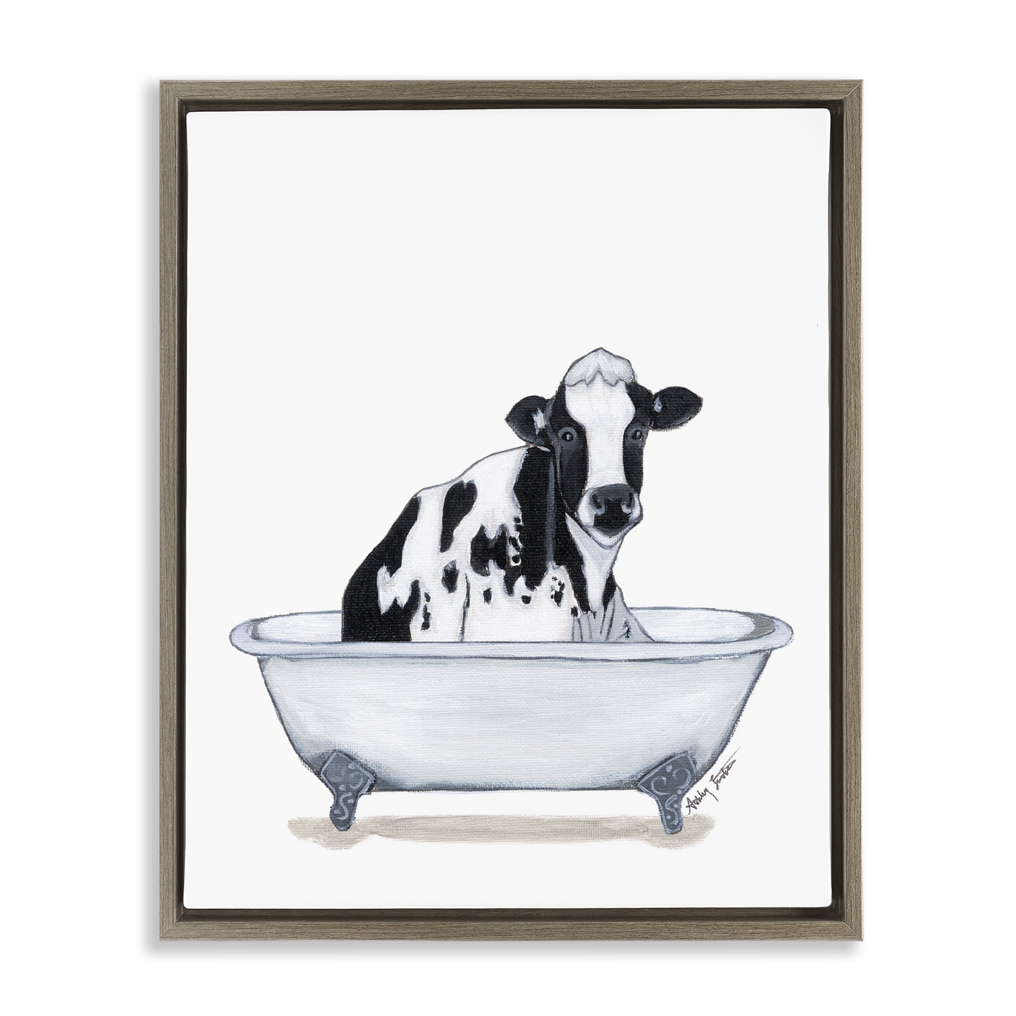 Stupell Industries Cow in Tub Sketch Bath & Laundry Painting Brown Floater Framed Canvas Art Print Wall Art, 17 x 21