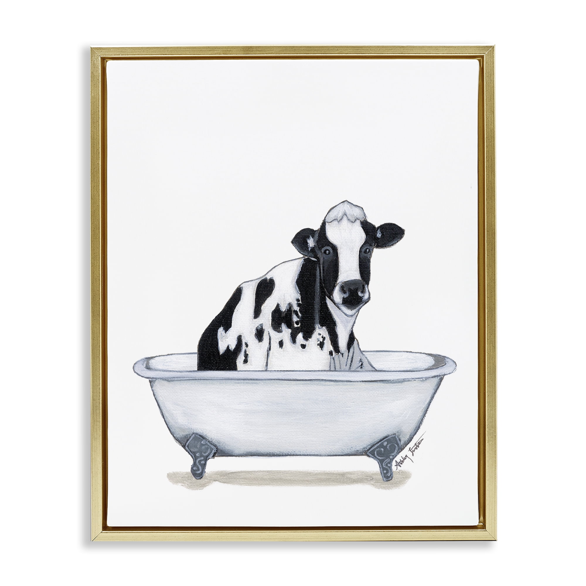 Stupell Industries Cow in Tub Sketch Bath & Laundry Painting Gold Floater Framed Canvas Art Print Wall Art, 17 x 21