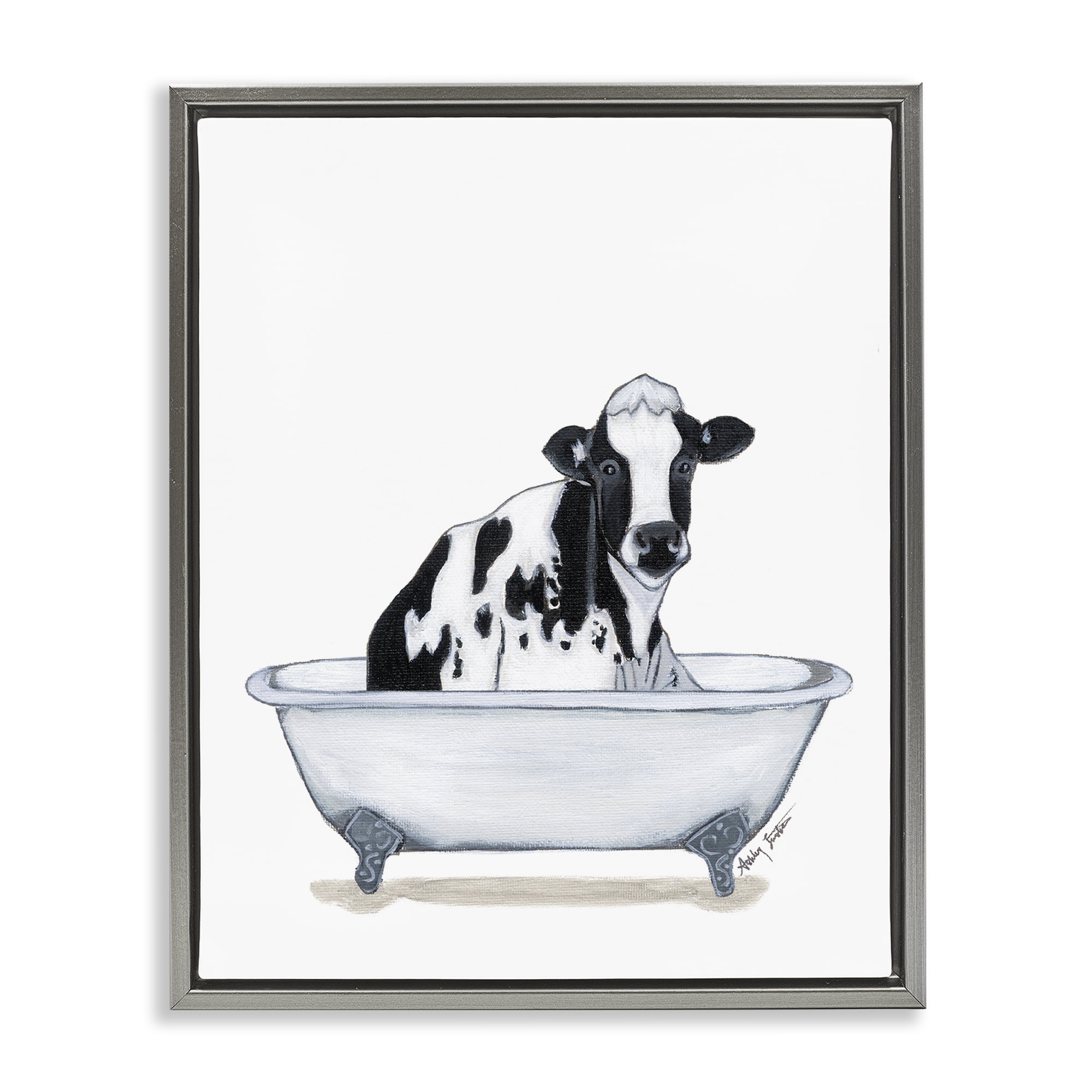 Stupell Industries Cow in Tub Sketch Bath & Laundry Painting Gray Floater Framed Canvas Art Print Wall Art, 17 x 21