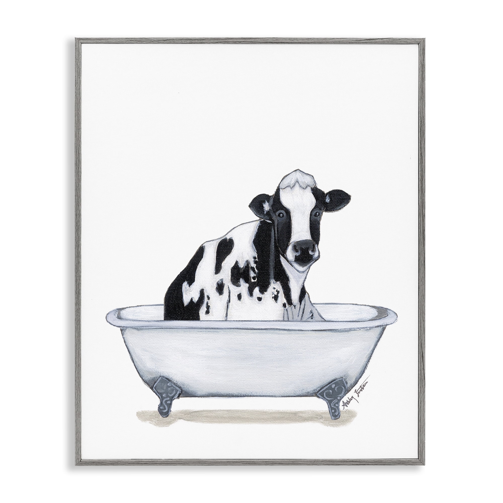 Stupell Industries Cow in Tub Sketch Bath & Laundry Painting Gray Framed Art Print Wall Art, 16 x 20
