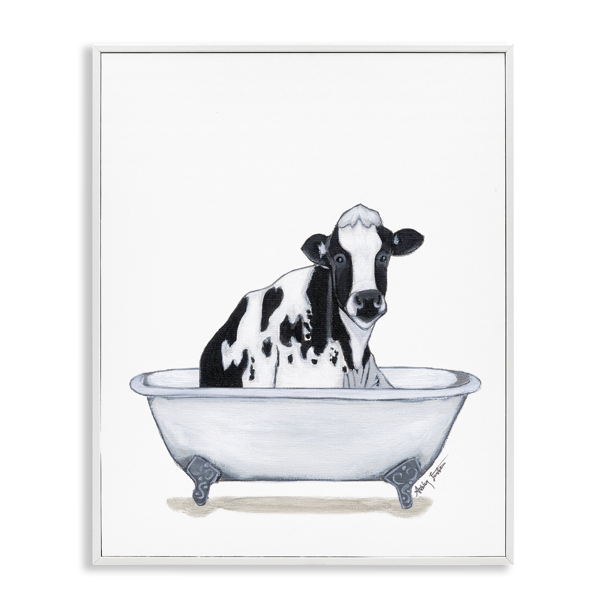 Stupell Industries Cow in Tub Sketch Bath & Laundry Painting White Framed Art Print Wall Art, 16 x 20