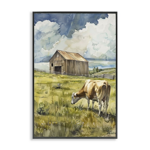 Stupell Industries Cow in Vast Field Landscape & Nature Painting Black Framed Art Print Wall Art, 12 x 18