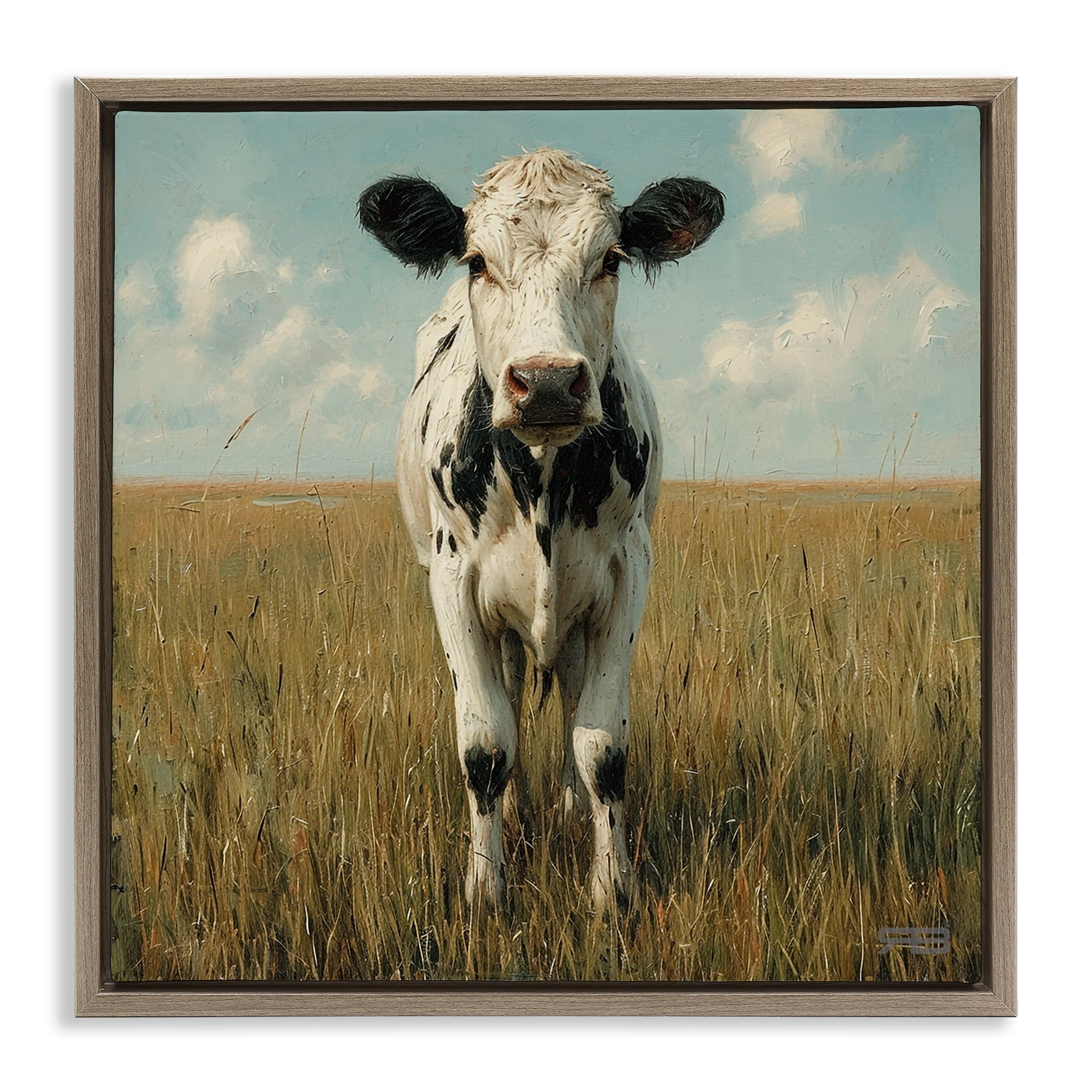 Stupell Industries Cow in Verdant Field Animals & Insects Painting Brown Floater Framed Canvas Art Print Wall Art, 25 x 25